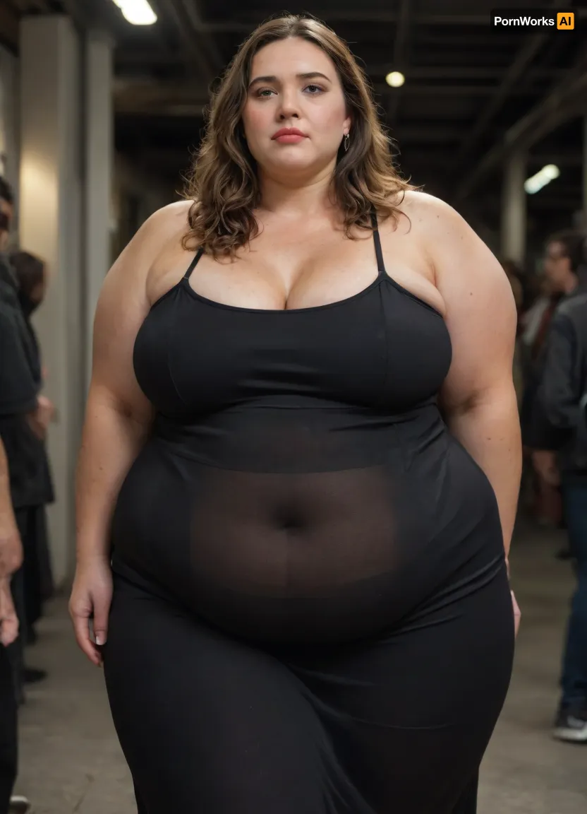 Raw pictures, shy modest tired curvy mature woman 68yo 70kg, walking, (thick body:1.4), (completely transparent black bodycon dress:1.4), narrow waist, hands behind the back, saggy boobs, dark light, disheveled hair, straight light brown hair, long hair, natural skin, visible pores, freckles, slight acne scars, redness around the nose, and uneven skin texture, high quality, Best quality, realistic, (person in the frame but poorly centered, partially cropped out:1.1), off-frame composition, head cut off, awkward camera angle, unbalanced shot, (Very curvy BBW mature womans), sBbw+PAWG, (obese:1.3), <lora:add-detail-xl:.8>, <lora:gyakutaiojisan_bed_AB_XL:.8>