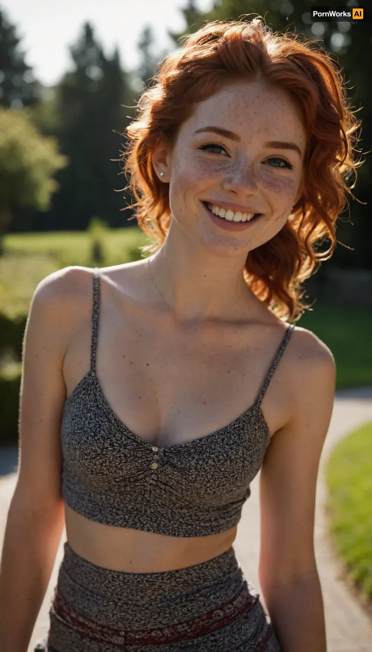 Masterpiece, best quality, girl, collarbone, wavy hair, looking at viewer, blurry foreground, well build body, medium tits, round ass, full view body, necklace, contemporary, plain pants, intricate, print, pattern, ponytail, very cute face, freckles, red hair, dappled sunlight, smile, happy.