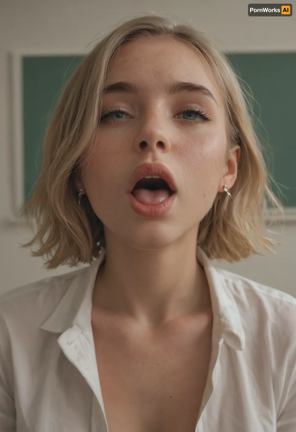 19 year old, nice firm tits, very horny face, in a classroom, mouth open a drooling
