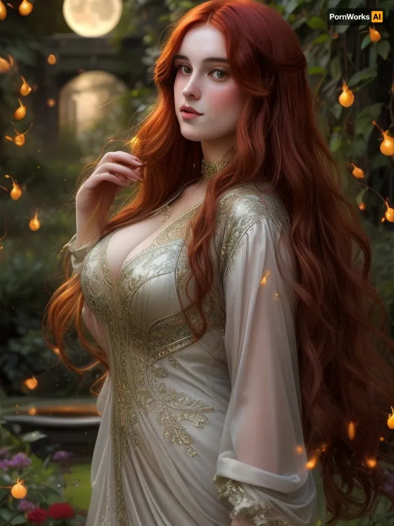 A super plus-size woman with long, flowing auburn hair, stands gracefully in a misty, moonlit garden filled with glowing fireflies. She wears a flowing gown made of shimmering silk, with intricate embroidery depicting scenes from mythology. The scene is bathed in soft, silvery light, creating a dreamy, ethereal atmosphere. This image is reminiscent of a pre-raphaelite painting, with a touch of art nouveau elegance, evoking the style of Waterhouse and Rossetti, with a focus on intricate details, vibrant colors, and a sense of romanticism.