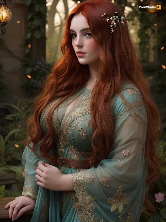 A super plus-size woman with long, flowing auburn hair, stands gracefully in a misty, moonlit garden filled with glowing fireflies. She wears a flowing gown made of shimmering silk, with intricate embroidery depicting scenes from mythology. The scene is bathed in soft, silvery light, creating a dreamy, ethereal atmosphere. This image is reminiscent of a pre-raphaelite painting, with a touch of art nouveau elegance, evoking the style of Waterhouse and Rossetti, with a focus on intricate details, vibrant colors, and a sense of romanticism.