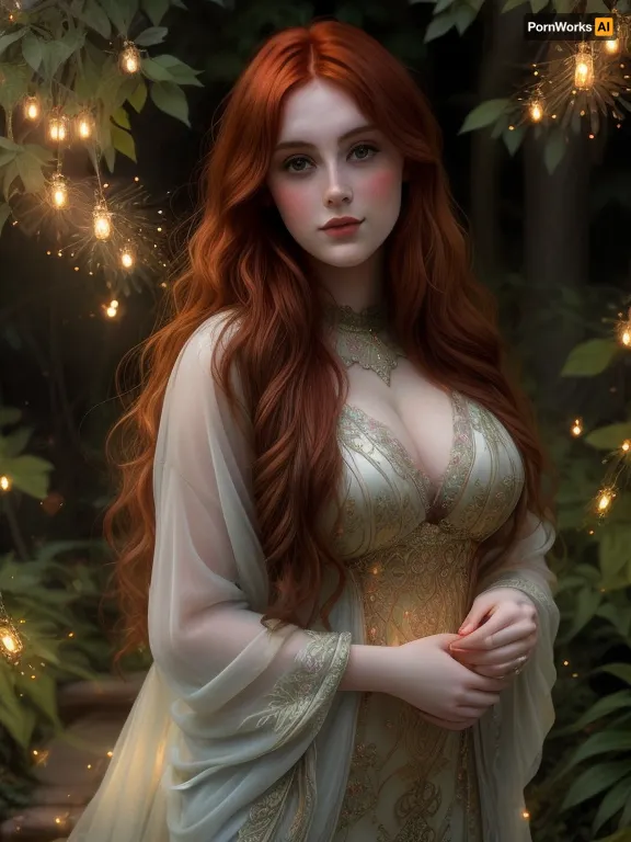 A super plus-size woman with long, flowing auburn hair, stands gracefully in a misty, moonlit garden filled with glowing fireflies. She wears a flowing gown made of shimmering silk, with intricate embroidery depicting scenes from mythology. The scene is bathed in soft, silvery light, creating a dreamy, ethereal atmosphere. This image is reminiscent of a pre-raphaelite painting, with a touch of art nouveau elegance, evoking the style of Waterhouse and Rossetti, with a focus on intricate details, vibrant colors, and a sense of romanticism.