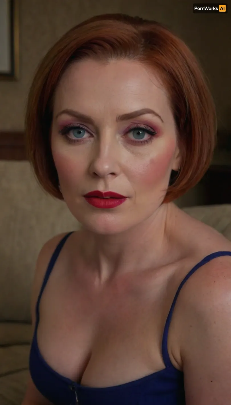 A RAW photo, close up, face focus, 1/2 body view, soviet mature woman, ((completely clothing)), (curvy body), ((auburn bob haircut)), 40 years old, perfect face, blue eyes, (bright makeup:1.5), red lipstick, sitting on sofa, microskirt, extremely, short, skirt, <lora:MicroSkirt_XL:.5>, m0rd_s1th, <lora:Mord_Sith_ArmorXL:.8>