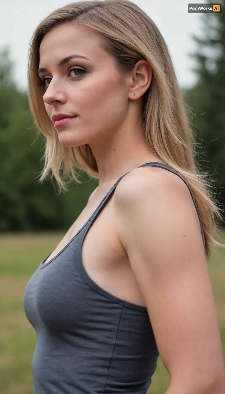 ziprealism, (intimate snapshot esthetic), (outdoors, tight tank top, shot in profile, view from side:1.6), (gorgeous woman), (f/2.8, shallow depth of field, focus on eyes, medium closeup), (soft bokeh, subtle bokeh), (ash-blonde hair, long hair, straight hair, center-part hairstyle), (large expressive eyes, mischievous grin)