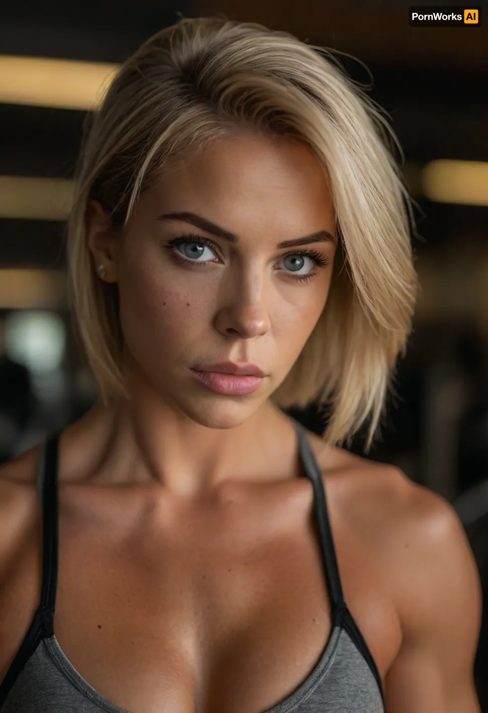 ziprealism, (inspirational snapshot esthetic, inspirational poster), (athletic woman, bodybuilder, determined expression, muscular shoulders, sports bra:1.2), (f/2.8, shallow depth of field, layered composition, medium closeup shot, Dutch Angles, focus on eyes:1.6), (creamy bokeh), (ash-blonde hair, thick voluminous hair, short cut hair, plunging bob cut, swept-back hairstyle:1.4), (catchlights, limbal rings, large expressive eyes, stunning eyes, perfect eyes, long delicate eyelashes), (strong jawline, angular features, large teardrop breasts), igbaddie, <lora:igbaddie-XL:.4>, <lora:style_lora_realis:.8>