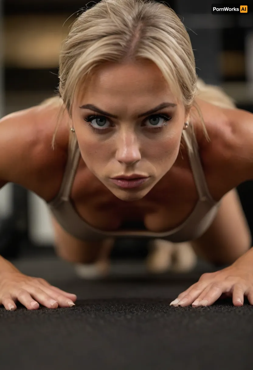 ziprealism, (inspirational snapshot esthetic, inspirational poster), (athletic woman, bodybuilder, determined expression, muscular shoulders, sports bra, leaning forward, doing pushups:1.2), (f/2.8, shallow depth of field, medium closeup shot, Dutch Angles, focus on eyes:1.6), (creamy bokeh), (ash-blonde hair, thick voluminous hair, short cut hair, plunging bob cut, swept-back hairstyle:1.4), (catchlights, limbal rings, large expressive eyes, stunning eyes, perfect eyes, long delicate eyelashes), (strong jawline, angular features), igbaddie, <lora:igbaddie-XL:.4>, <lora:style_lora_realis:.8>