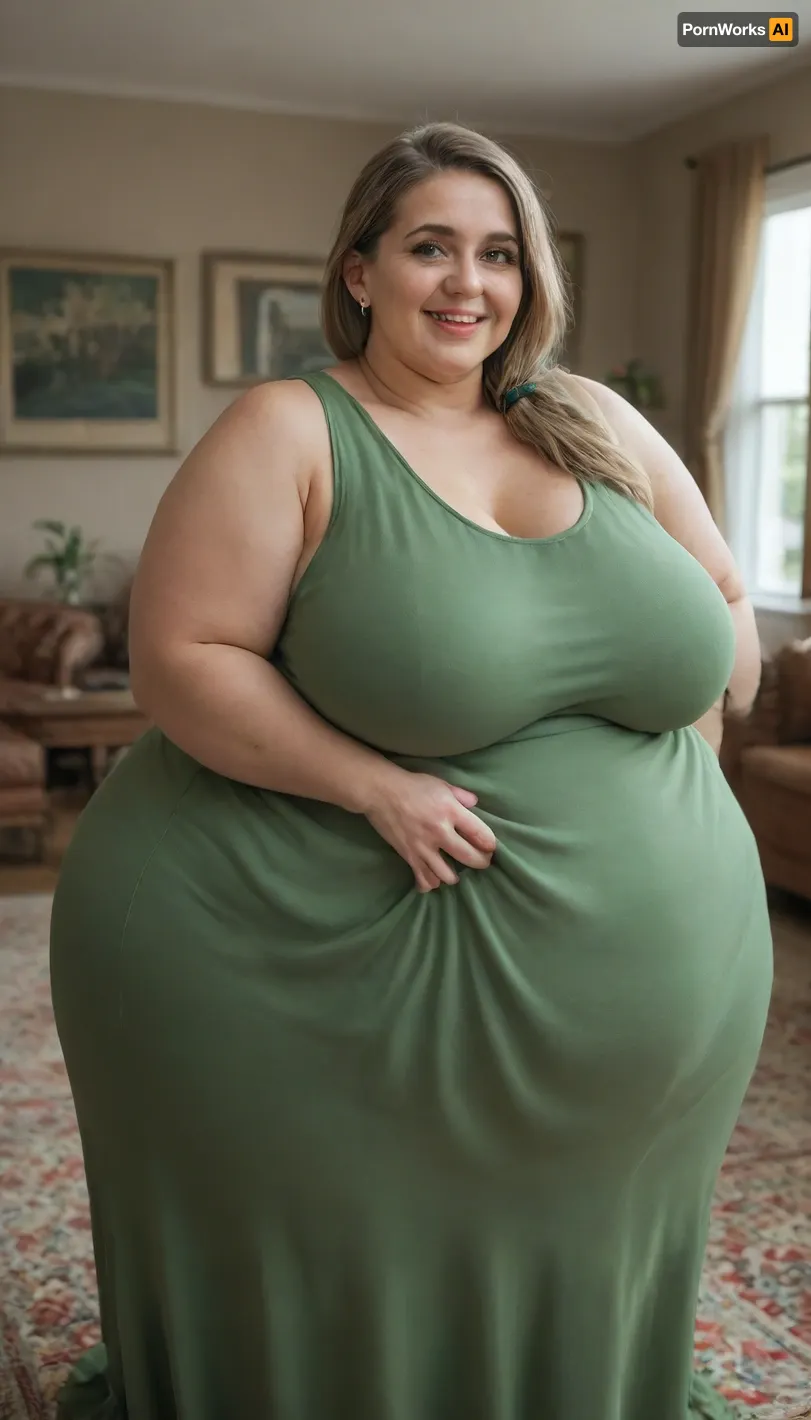 Lubica stepaunt, Mature fat bbw woman, (obese:1.5), 60 years old, married, Spanish, housewive, aunt, hot mom, milf, long hair, (light brown hair), ((big eyes)), saggy, hangers, (green tight low-cut sleeveless green dress:1.4), living room, depth of field, ((open mouth:1.2)), smiling, pretty teeth, pokies