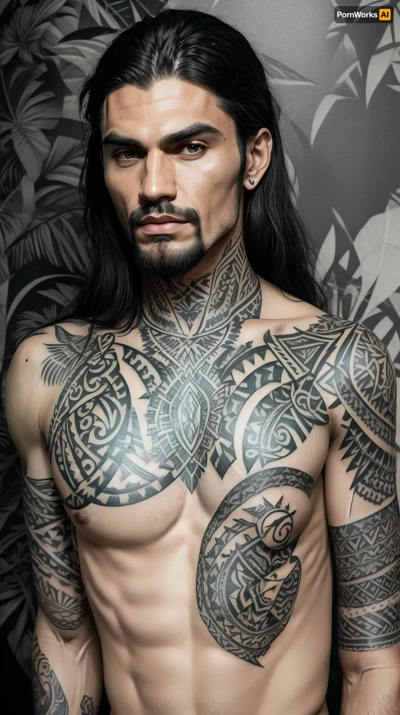 (Polynesian, very broad and big expansive, jet-black tattoos in the blackwork-style of artist Mihail Boykov), DarTataBodG, <lora:DarTataBodG-XL_V2:2>