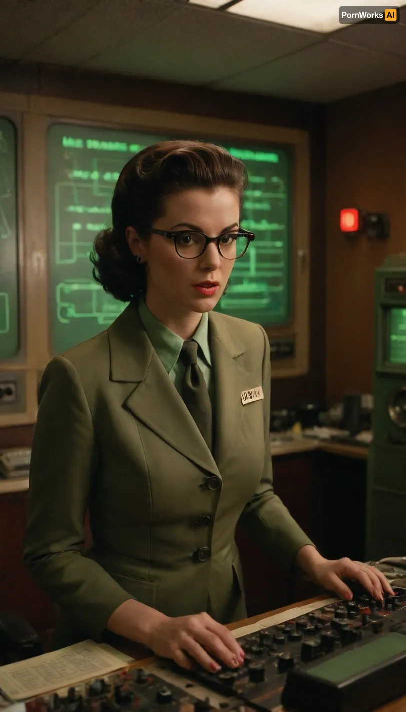 Retro-futuristic radio studio, 50s Atomic Age aesthetic, radio host, (female, slicked-back hair, horn-rimmed glasses, skin tight retro-futuristic suit, deep neckline), speaking into bakelite microphone, CRT monitors with green vector waveforms, mechanical computers, curta calculators, pinboard programming, patch panel switchboard with glowing vacuum tubes, paper tape readers spitting binary code, tube clocks showing UTC time, radiation symbol on soundproof wall, vintage NASA posters, smoke from soldering iron mixing with cigar haze, warm analog glow from tube amplifiers, Fallout 3 style, technicolor cinematography, Kodak Ektachrome film grain, analog, AnalogRedmAF, <lora:AnalogRedmondV2-Analog-AnalogRedmAF:.8>