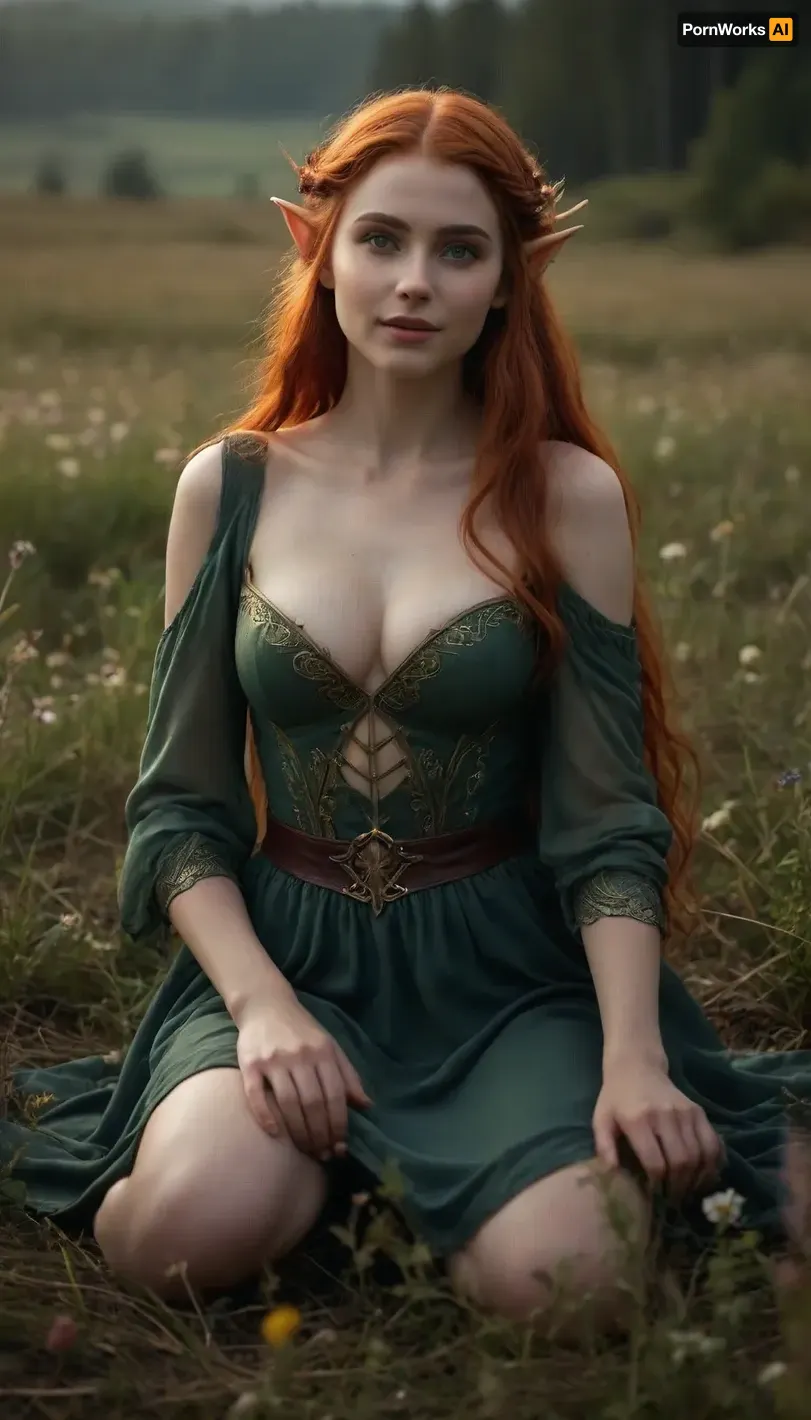 A highly detailed and vivid fantasy work of art in a dystopian yet endearing style, depicting a 21-year-old mischievous elf-like creature in a field of blooming wildflowers and grass, she has long fiery red hair flowing down her body, an hourglass figure with a full bust, narrow waist and wide hips. The semi-sheer tunic barely covers her voluptuous curves. Her sharp claws and pointed elven ears are clearly visible as she lies on the bare ground with a playful fanged grin. Despite the gloomy setting, the scene exudes a whimsical charm, and the soft sunlight filtering through the clouds accentuates its bestial beauty. The art style combines elements of dark fantasy with a cute aesthetic, focusing on her youthful mischief and wild nature., fingering, schlick, masturbation, <lora:284418_training_data:.8>