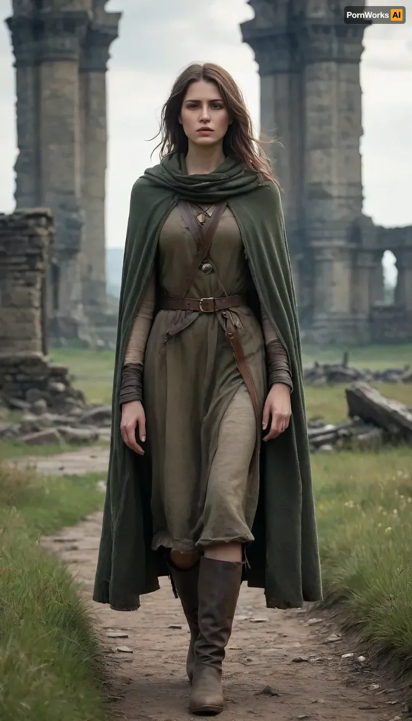 `Post-apocalyptic scene with nature reclaiming medieval ruins, ivy-covered stone castles, collapsed wooden watchtowers, overgrown cobblestone paths, and distant remnants of a shattered city with crumbling cathedrals. A weary woman in ragged, dirt-streaked clothing—patched woolen tunic, frayed cloak with a corroded clasp, scuffed leather boots—walks through a field of wild grass, her garments torn and stained with grime. She carries a dented copper flask, her face smudged with ash, sunlight filtering through haze to highlight the decayed landscape. 8k resolution, hyperrealistic textures, (weathered stone, matted fabric, oxidized metal), cinematic HDR lighting blending muted browns and gray-green tones, anti-aliasing, depth of field focusing on her figure against the ruins, ray-traced mist, lossless PNG format.`