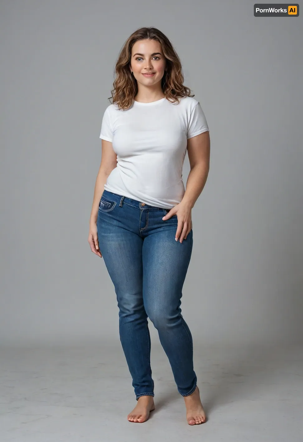 Create an image of a stunning obese 45-year-old woman with a curvy, well-maintained physique, capturing her full body from head to knees. She embodies grace and beauty, reflecting both confidence and vitality.

Her hair is styled in elegant, soft waves that cascade down her back, rich and glossy with a natural light brown and subtle highlights for depth. Long hair. Her face is beautifully sculpted with high cheekbones, a gentle, radiant smile, and smooth, glowing skin. Her expressive, captivating eyes are a deep warm color, framed by well-groomed eyebrows and subtle, tasteful makeup.

Her neck is graceful, transitioning seamlessly into her well-defined, relaxed shoulders. Her bust is full, saggy and natural, approximately 36D, with a very saggy appearance that reflects her age and body type, portrayed tastefully to emphasize confidence and natural beauty. Her waist is well-defined, with a smooth, gently curving contour enhancing her hourglass figure. She has huge hips, and a FUPA, plump waist. Her hips are very wide. Her thighs are curvaceous and thick, and she has a slightly larger, well-rounded butt that is prominent and complements her curvy silhouette. Her legs are toned and shapely, athletic appearance, finishing in well-proportioned, graceful feet.

She is dressed in a casual, stylish fitted white T-shirt. T-shirt is a solid white, with soft fabric that highlights her figure. She is wearing tight highwaist blue jeans, The image should capture her confident stance, natural beauty, and curvy figure.