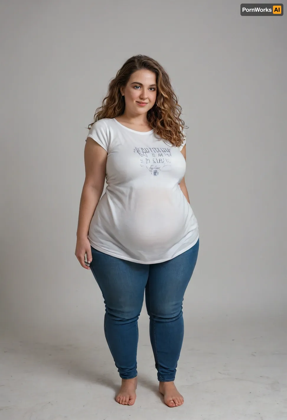 Create an image of a stunning obese 45-year-old woman with a curvy, well-maintained physique, capturing her full body from head to knees. She embodies grace and beauty, reflecting both confidence and vitality.

Her hair is styled in elegant, soft waves that cascade down her back, rich and glossy with a natural light brown and subtle highlights for depth. Long hair. Her face is beautifully sculpted with high cheekbones, a gentle, radiant smile, and smooth, glowing skin. Her expressive, captivating eyes are a deep warm color, framed by well-groomed eyebrows and subtle, tasteful makeup.

Her neck is graceful, transitioning seamlessly into her well-defined, relaxed shoulders. Her bust is full, saggy and natural, approximately 36D, with a very saggy appearance that reflects her age and body type, portrayed tastefully to emphasize confidence and natural beauty. Her waist is well-defined, with a smooth, gently curving contour enhancing her hourglass figure. She has huge hips, and a FUPA, plump waist. Her hips are very wide. Her thighs are curvaceous and thick, and she has a slightly larger, well-rounded butt that is prominent and complements her curvy silhouette. Her legs are toned and shapely, athletic appearance, finishing in well-proportioned, graceful feet., (Obese:1.5), She is dressed in a casual, stylish fitted white T-shirt. T-shirt is a solid white, with soft fabric that highlights her figure. She is wearing tight highwaist blue jeans, The image should capture her confident stance, natural beauty, and curvy figure.