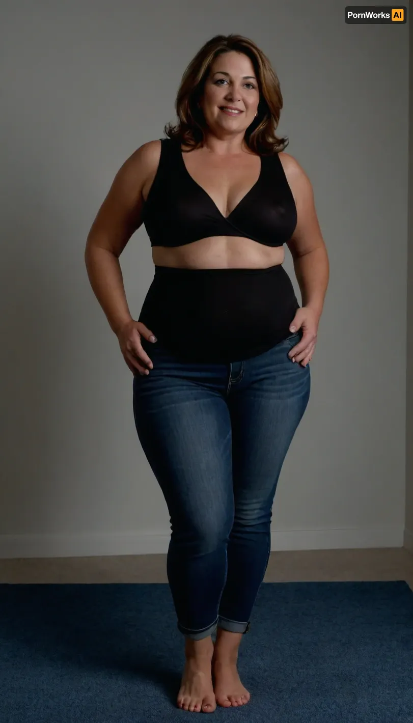 photography of a mature woman, named Lubica, (50 yo, pear shaped body type, obese, chubby, milf:1.3), (curvy:1.3), arriving at work, (small open space, blue carpet, white wall, wondow with a view on nature), . She has fair skin, straight, dark hair with highlights that falls past her shoulders, (gray strands in hair), and bright blue eyes. Her expression is warm and friendly, with a broad smile revealing her teeth. She is dressed in a tight black sleeveless blouse made of a smooth, slightly shiny fabric, (braless, hard nipples, medium sized breasts), big fupa, huge hips, thick thighs. The black blouse is tight and slightly unbuttoned, giving it a slutty appearance, wearing tight highwaist blue jeans that covers her legs. clothes, braless, Wearing, that, make, sense, with, Braless>, <lora:bralessSDXL_v1_00022:.5>