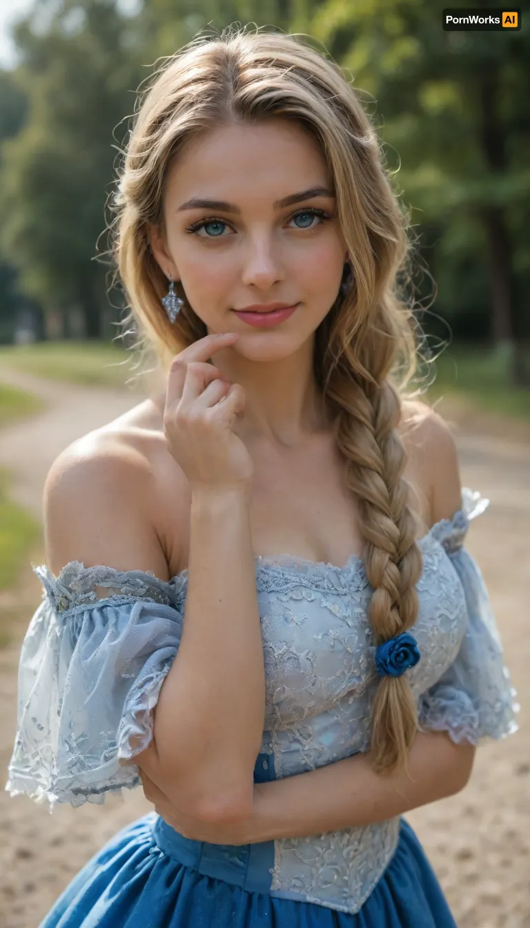 masterpiece, ultra-HD, cinematic lighting, usnr, photorealistic, impressionism, (1.5), high detail, depth of field, (blurred background), (dramatic lighting), best quality, very aesthetic, 8k, realistic, woman, rpnzlrnd, deep blue eyes, realistic eyes, blonde hair, looking at viewer, very long hair, braid, bangs, hair over shoulder, medieval, blurry background, bright colors, stunningly artwork, (blurry background, depth of field:1.1), ((frost-blue gala dress)), refined yet undeniably sensual, flirting pose, focus on thights, cowboy shot, flirting gaze, small smile, sumptuous gothic ballroom, cinematic 35 mm lens, shallow depth-of-field
