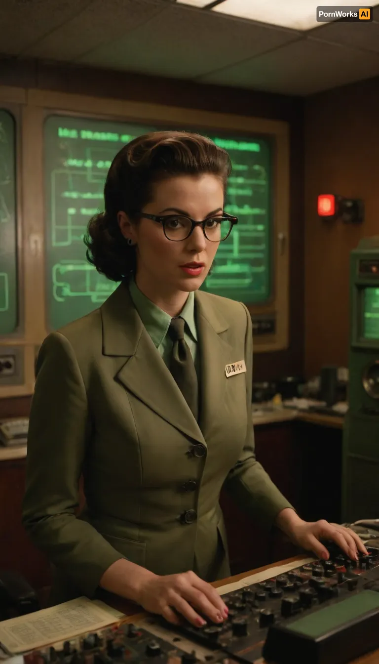 Retro-futuristic radio studio, 50s Atomic Age aesthetic, radio host, (female, slicked-back hair, horn-rimmed glasses, skin tight retro-futuristic suit, deep neckline), speaking into bakelite microphone, CRT monitors with green vector waveforms, mechanical computers, curta calculators, pinboard programming, patch panel switchboard with glowing vacuum tubes, paper tape readers spitting binary code, tube clocks showing UTC time, radiation symbol on soundproof wall, vintage NASA posters, smoke from soldering iron mixing with cigar haze, warm analog glow from tube amplifiers, Fallout 3 style, technicolor cinematography, Kodak Ektachrome film grain, analog, AnalogRedmAF, <lora:AnalogRedmondV2-Analog-AnalogRedmAF:.8>