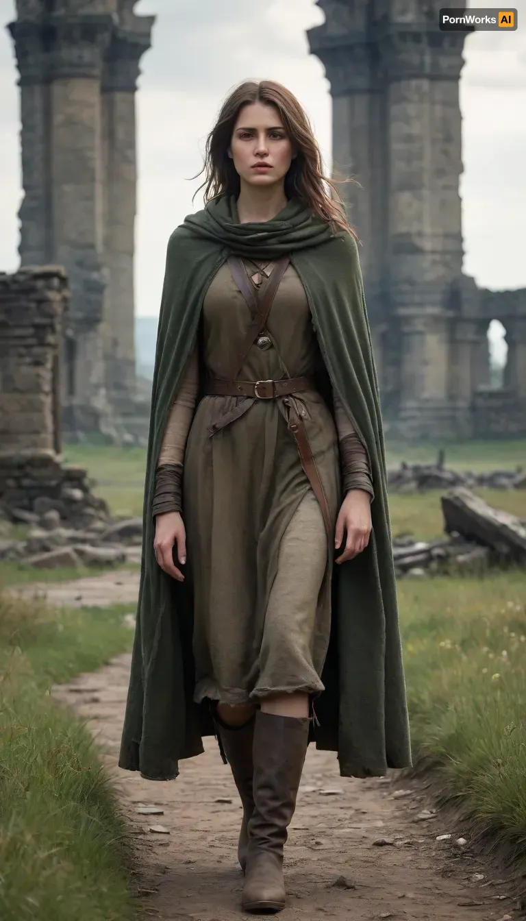 `Post-apocalyptic scene with nature reclaiming medieval ruins, ivy-covered stone castles, collapsed wooden watchtowers, overgrown cobblestone paths, and distant remnants of a shattered city with crumbling cathedrals. A weary woman in ragged, dirt-streaked clothing—patched woolen tunic, frayed cloak with a corroded clasp, scuffed leather boots—walks through a field of wild grass, her garments torn and stained with grime. She carries a dented copper flask, her face smudged with ash, sunlight filtering through haze to highlight the decayed landscape. 8k resolution, hyperrealistic textures, (weathered stone, matted fabric, oxidized metal), cinematic HDR lighting blending muted browns and gray-green tones, anti-aliasing, depth of field focusing on her figure against the ruins, ray-traced mist, lossless PNG format.`