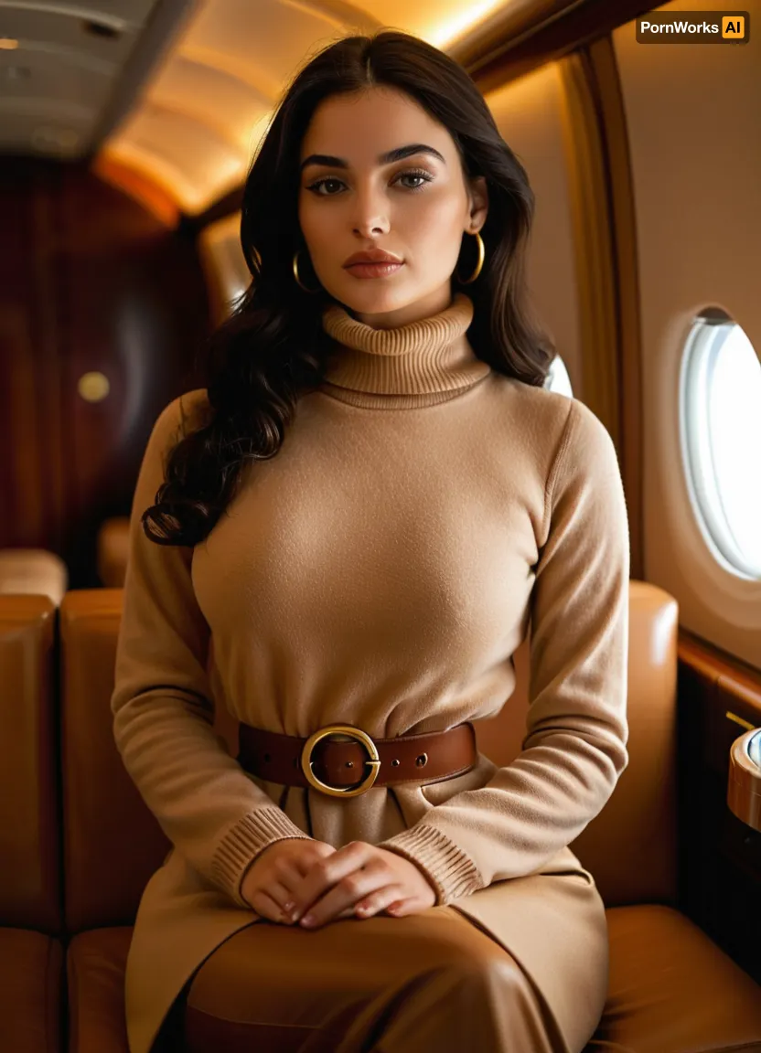 (masterpiece, best quality, photorealistic, HDR, ultra-detailed skin, cinematic lighting), 22-year-old Eastern European woman, voluptuous hourglass figure with, (large full natural breasts:1.1), (narrow sculpted waist:1.1), (round hips and long toned legs:1.1), flawless luminous porcelain-fair skin, high sculpted cheekbones with soft blush, refined petite nose, large vivid emerald-green eyes with thick upward-curled black lashes, bold natural arched eyebrows, elegant beauty mark just below the left eye, glossy full heart-shaped lips in soft rose lipstick, ultra-long straight jet-black hair smooth and shiny, slender feminine fingers with natural manicured nails, dressed in a luxurious fitted navy-blue wool turtleneck sweater, tailored cream trousers, a long belted camel-colored cashmere coat, polished brown leather ankle boots, delicate gold hoop earrings, seated gracefully in an ultra-luxury first-class airplane suite with wide cream leather lie-flat seat, high privacy walls, polished wood veneer panels, gold-accented fixtures, plush carpeting, and a large oval window with bright daylight sky, holding a hardcover book in her hands, warm natural cabin lighting highlighting her calm and poised expression, cinematic depth of field, <lora:MJ52:1>, <lora:SDXLHighDetail_v6-000005:.8>, <lora:Microwaist_XL_v01:.8>