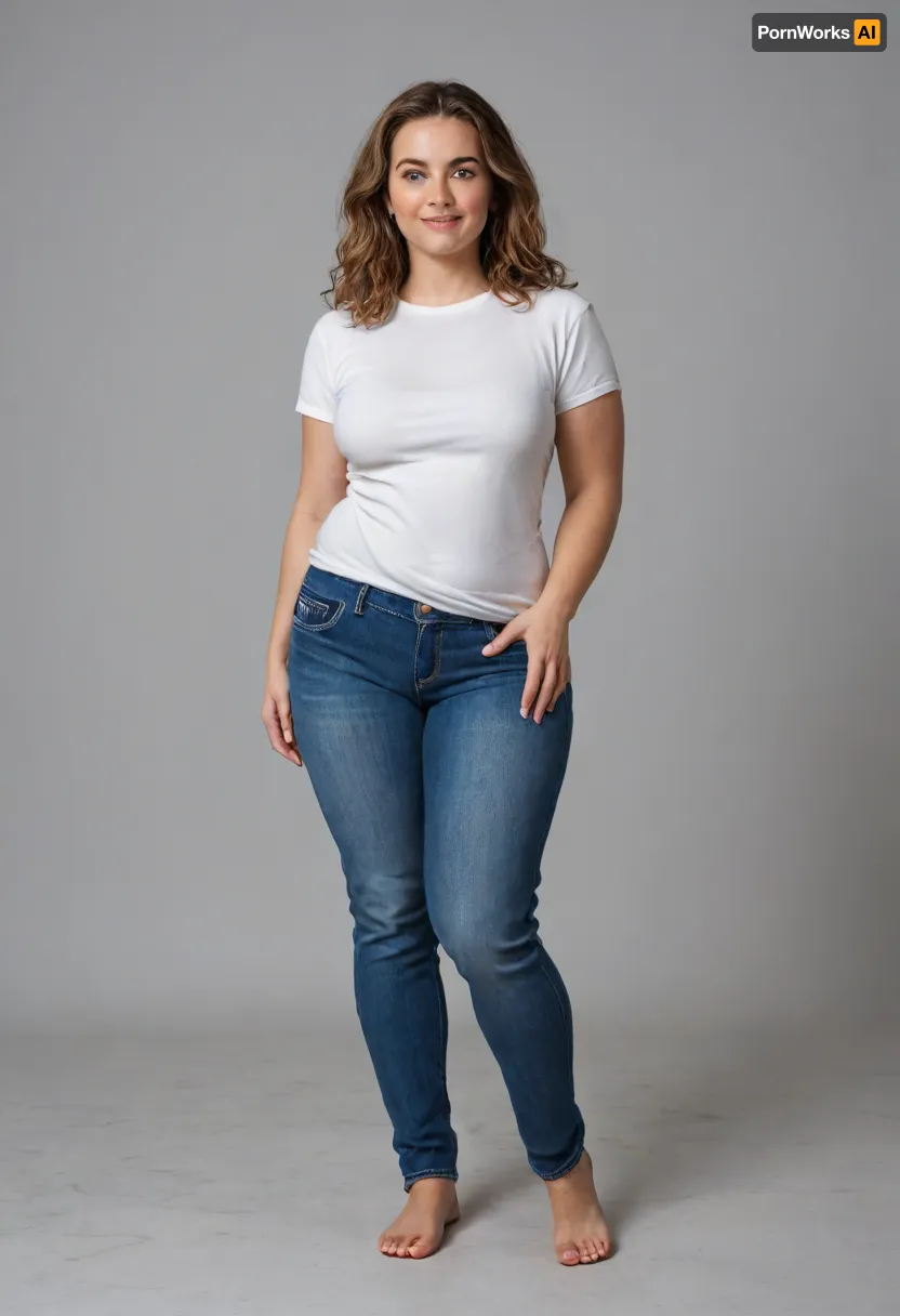 Create an image of a stunning obese 45-year-old woman with a curvy, well-maintained physique, capturing her full body from head to knees. She embodies grace and beauty, reflecting both confidence and vitality.

Her hair is styled in elegant, soft waves that cascade down her back, rich and glossy with a natural light brown and subtle highlights for depth. Long hair. Her face is beautifully sculpted with high cheekbones, a gentle, radiant smile, and smooth, glowing skin. Her expressive, captivating eyes are a deep warm color, framed by well-groomed eyebrows and subtle, tasteful makeup.

Her neck is graceful, transitioning seamlessly into her well-defined, relaxed shoulders. Her bust is full, saggy and natural, approximately 36D, with a very saggy appearance that reflects her age and body type, portrayed tastefully to emphasize confidence and natural beauty. Her waist is well-defined, with a smooth, gently curving contour enhancing her hourglass figure. She has huge hips, and a FUPA, plump waist. Her hips are very wide. Her thighs are curvaceous and thick, and she has a slightly larger, well-rounded butt that is prominent and complements her curvy silhouette. Her legs are toned and shapely, athletic appearance, finishing in well-proportioned, graceful feet.

She is dressed in a casual, stylish fitted white T-shirt. T-shirt is a solid white, with soft fabric that highlights her figure. She is wearing tight highwaist blue jeans, The image should capture her confident stance, natural beauty, and curvy figure.