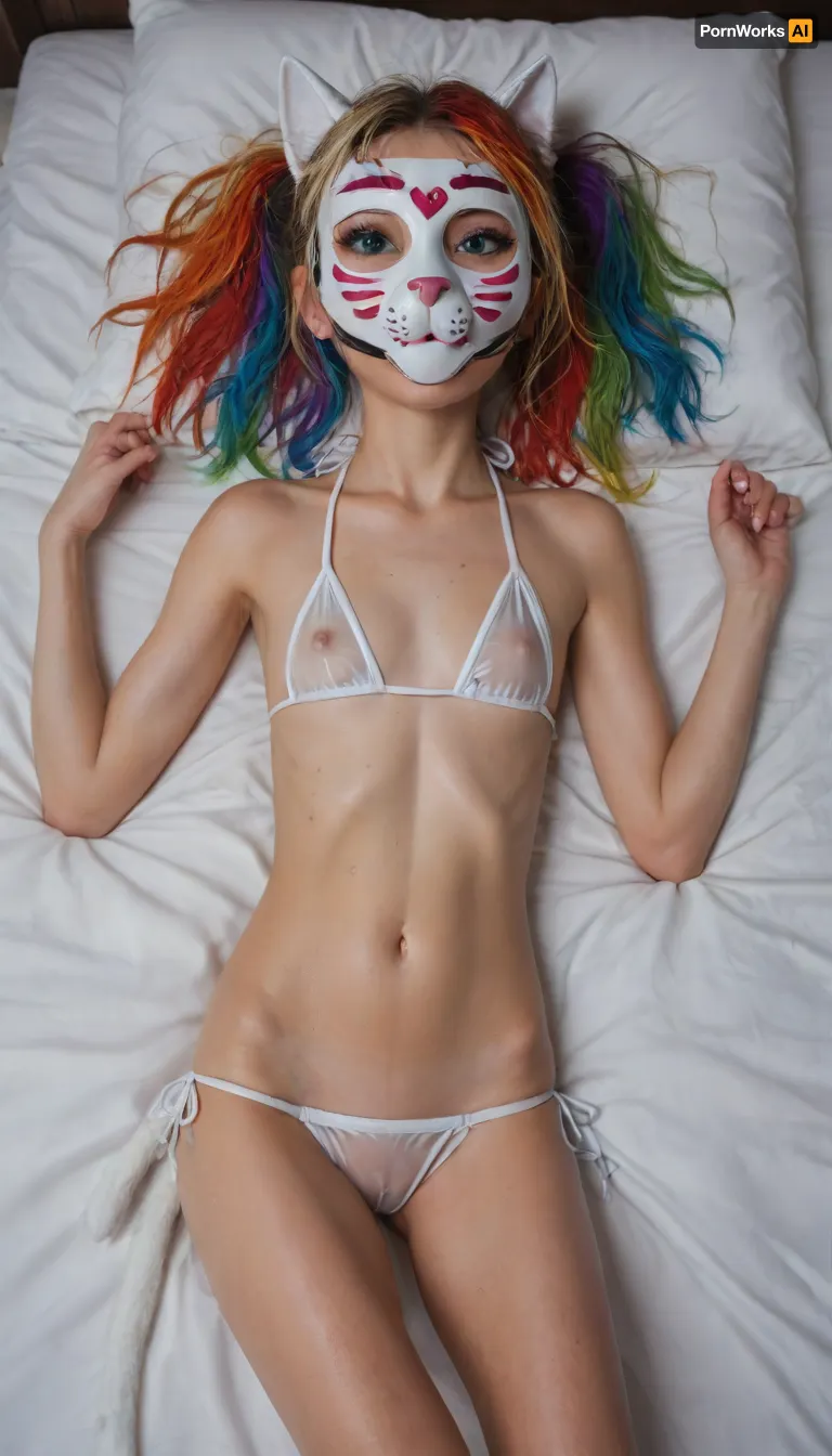 18 year old, white girl, (kitten mask:2), ((skinny face)), messy hair, pigtails, long rainbow hair, (wet hair), (front view), (sexy detailed body), young girl, (((laying in bed))), (in a wet monokini:1.1), pussy visible through wet bikini, (18 years old), (flatchest), (erect nipples), breasts visible through wet bikini, ((detailed green eyes)), (detail, pierced naval)