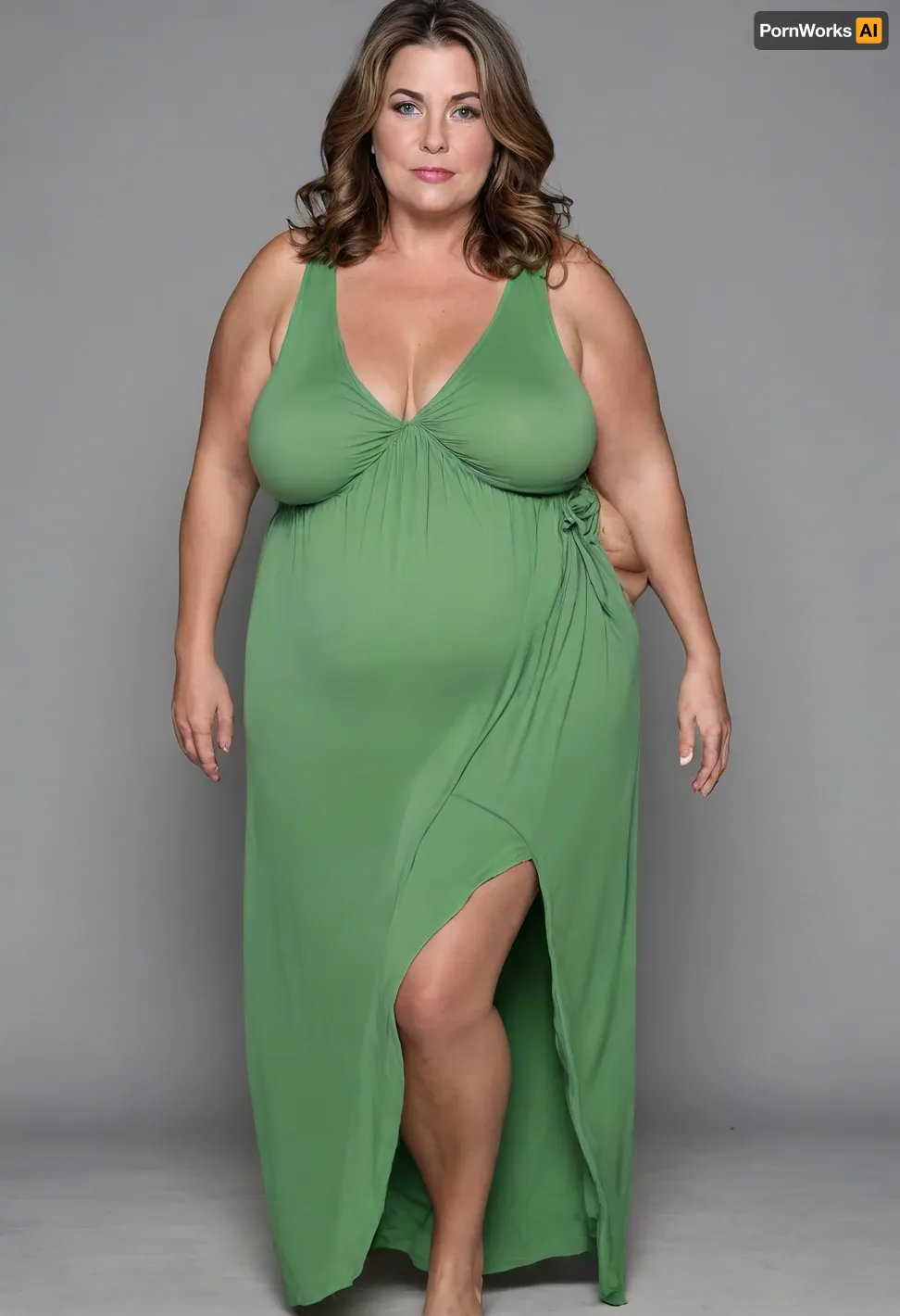 45° sideview, Full body shot, 50 year old woman, looking at viewer, eye contact, layered haircut, green eyes, green thin maxidress, obese, chubby, wide hips, curvy, small floppy breasts, sagging breasts, deflated breasts, tan lines, long hair, light brown hair with highlights, upturned nose, SaggySlimXL, bottomheavy, big, ass, huge, gigantic, thick, thighs, massive, <lora:updated_saggy_slim:1>, <lora:clothed_small:.5>, <lora:bottomheavy_v1_sdxl_tags:.8>