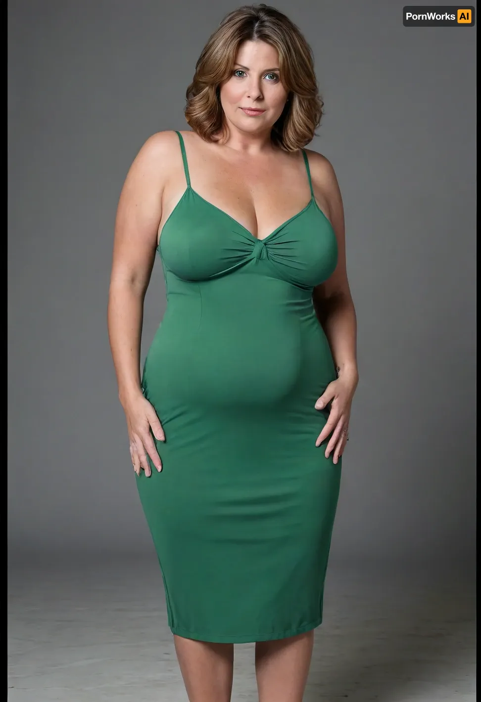 Full body shot, 50 year old woman, layered haircut, green eyes, tight thin v-neck spaghetti strap green dress, fupa, cameltoe, obese, chubby, big hips, wide hips, curvy, small floppy breasts, sagging breasts, deflated breasts, tan lines, light brown hair with highlights, upturned nose, SaggySlimXL, bottomheavy, big, ass, huge, gigantic, thick, thighs, massive, <lora:updated_saggy_slim:1>, <lora:clothed_small:.5>, <lora:bottomheavy_v1_sdxl_tags:.8>