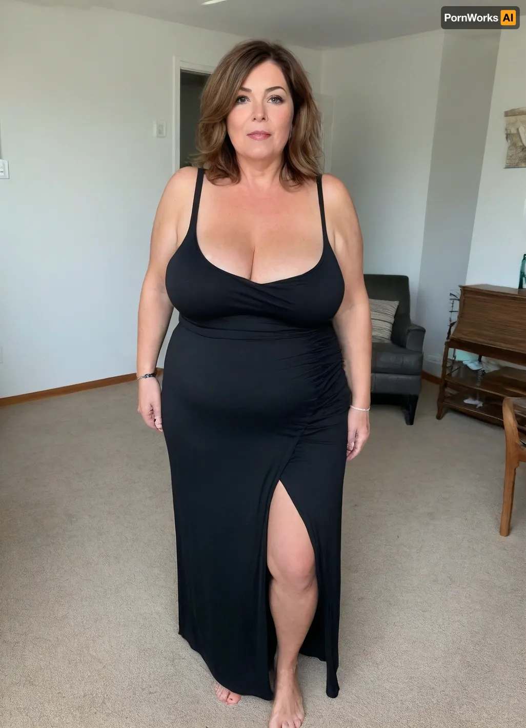 Full body shot, 50 year old woman, layered haircut, green eyes, black thin maxidress, obese, chubby, wide hips, curvy, small floppy breasts, sagging breasts, deflated breasts, tan lines, light brown hair with highlights, upturned nose, SaggySlimXL, bottomheavy, big, ass, huge, gigantic, thick, thighs, massive, <lora:updated_saggy_slim:1>, <lora:clothed_small:.5>, <lora:bottomheavy_v1_sdxl_tags:.8>