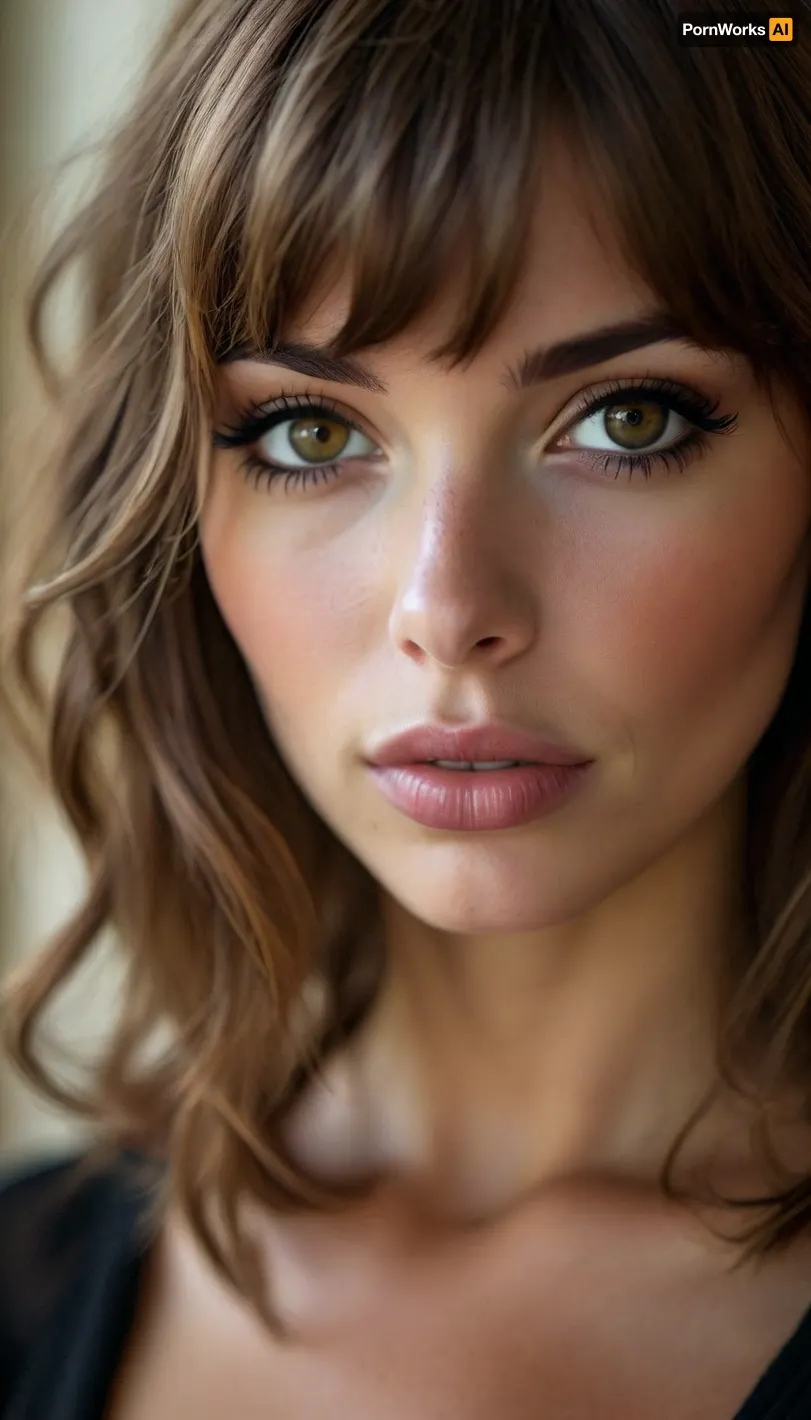 ziprealism, (romantic snapshot esthetic, adorable girlfriend, bashful eye contact, soft mischievous smirk), (f/2.8, shallow depth of field, layered composition, subtle foreground, tight face closeup, eyes closeup, shot in profile, eyes focus:1.6), (subtle bokeh:.4), (matte brunette hair with coppery undertones, thick voluminous hair, cute french bob-cut hair, wispy bangs with fringe, loose hair obscuring face:1.8), (catchlights, limbal rings, (large expressive eyes)), (soft facial features, full lips, soft pillowy lips, long delicate eyelashes, soft blush, subtle freckles), (romantic bedroom scene, large windows with warm sunlight, cozy furniture and decor), <lora:style_lora_realis:1.2>, but, <lora:BUT_SDXL_SHS:.1>