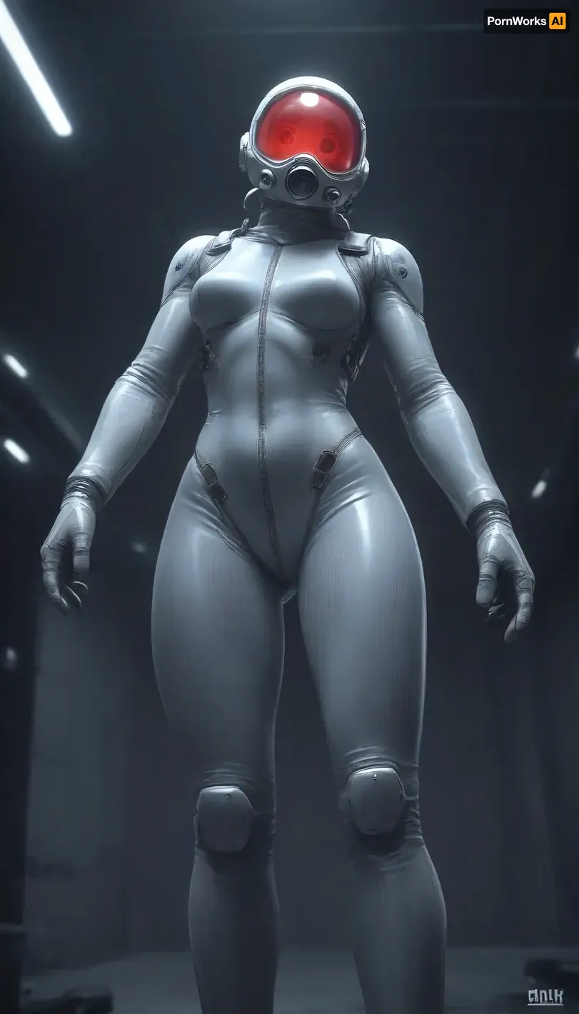 A female astronaut floating in zero gravity inside a high-tech, dimly lit space station corridor, viewed from behind at a diagonal low angle, her body gently rotating in the weightless environment, her slim figure outlined by the soft blue and red ambient lighting from various control panels and status screens, wearing a partially unzipped futuristic space suit made from glossy, form-fitting material with semi-rigid segments around her arms and legs, the upper part of her suit open and drifting slightly due to motion, revealing a tight inner undersuit clinging to her torso and hips, the undersuit designed with sleek thermal panels and iridescent textures, its cut accentuating the curves of her thighs, hips, and glutes, the material stretched taut across her rear as she floats with legs slightly bent and parted, one foot drifting near a wall while the rest of her body arches slightly as if caught mid-motion, her helmet detached and floating nearby, dark short hair fanning out around her head, small tools and data pads suspended around her, a holographic interface projected in front of her showing oxygen levels and external diagnostics, her posture naturally twisting as she reaches forward toward the interface, causing her spine and hip alignment to curve suggestively, subtle reflections from illuminated surfaces highlight her body’s shape through the thin, glossy material, realistic texturing on the suit with tiny wear marks and seams, interior design of the space station detailed with emergency markings, pipes, and blinking consoles, atmospheric particles and tiny debris drifting in the air, high-contrast cinematic lighting with cool-toned shadows and glowing edges, sci-fi art style resembling high-resolution promotional key art for a space exploration RPG or cinematic sci-fi film, extreme realism in rendering of material physics, body shape, environmental effects, the entire scene composed to subtly focus on the astronaut's lower body and back