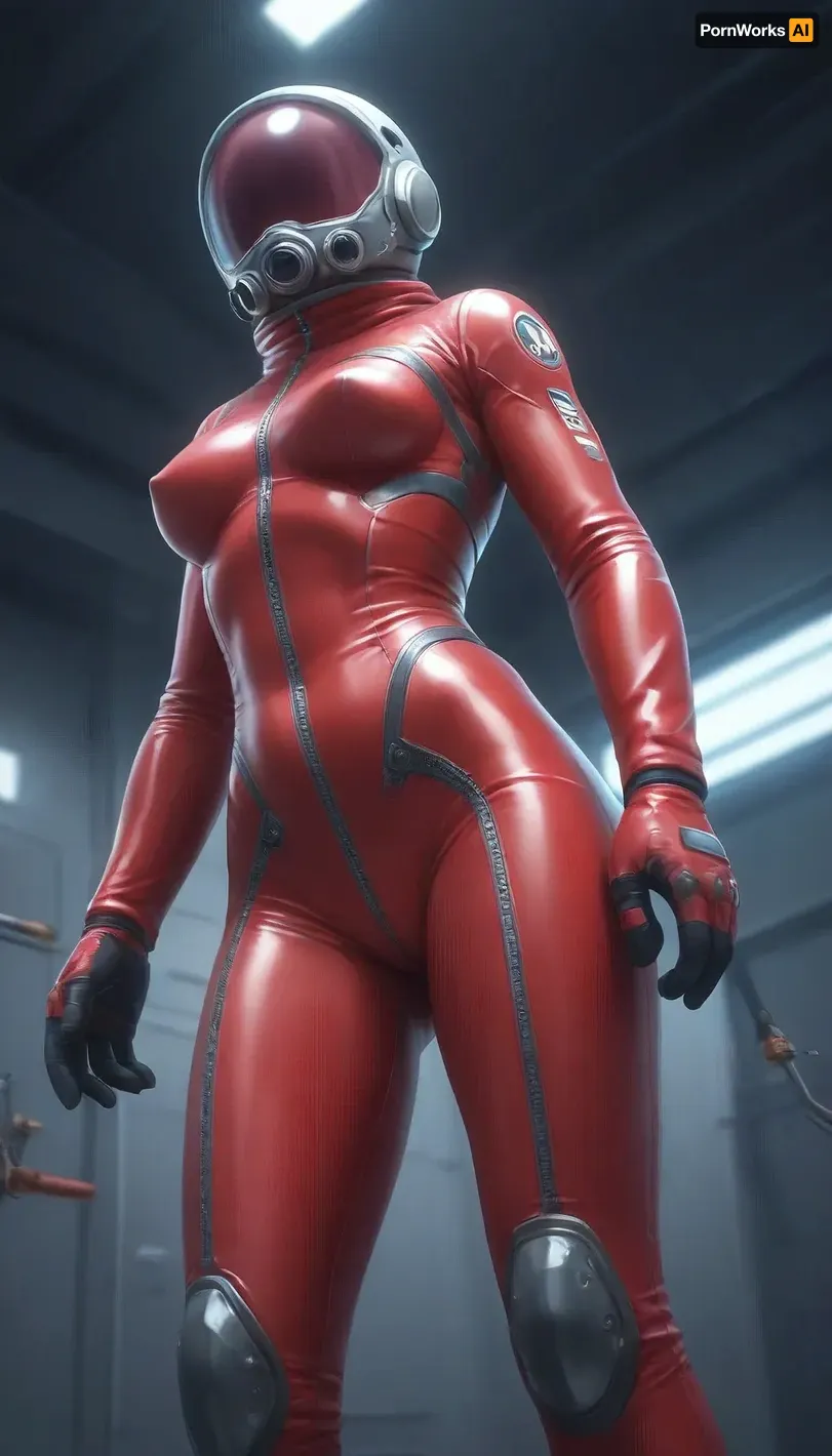 A female astronaut floating in zero gravity inside a high-tech, dimly lit space station corridor, viewed from behind at a diagonal low angle, her body gently rotating in the weightless environment, her slim figure outlined by the soft blue and red ambient lighting from various control panels and status screens, wearing a partially unzipped futuristic space suit made from glossy, form-fitting material with semi-rigid segments around her arms and legs, the upper part of her suit open and drifting slightly due to motion, revealing a tight inner undersuit clinging to her torso and hips, the undersuit designed with sleek thermal panels and iridescent textures, its cut accentuating the curves of her thighs, hips, and glutes, the material stretched taut across her rear as she floats with legs slightly bent and parted, one foot drifting near a wall while the rest of her body arches slightly as if caught mid-motion, her helmet detached and floating nearby, dark short hair fanning out around her head, small tools and data pads suspended around her, a holographic interface projected in front of her showing oxygen levels and external diagnostics, her posture naturally twisting as she reaches forward toward the interface, causing her spine and hip alignment to curve suggestively, subtle reflections from illuminated surfaces highlight her body’s shape through the thin, glossy material, realistic texturing on the suit with tiny wear marks and seams, interior design of the space station detailed with emergency markings, pipes, and blinking consoles, atmospheric particles and tiny debris drifting in the air, high-contrast cinematic lighting with cool-toned shadows and glowing edges, sci-fi art style resembling high-resolution promotional key art for a space exploration RPG or cinematic sci-fi film, extreme realism in rendering of material physics, body shape, environmental effects, the entire scene composed to subtly focus on the astronaut's lower body and back
