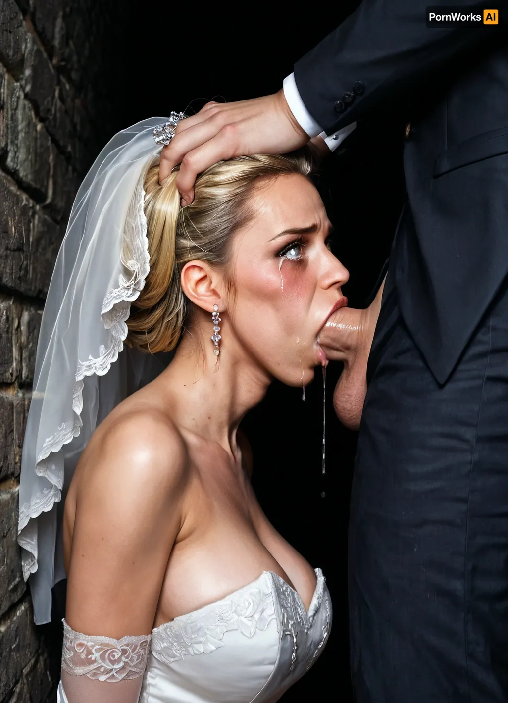 gorgeous woman, milf, wrinkles, legs apart, cleavage, white dress, sexy dress, (bride), white chocker, (wedding dress), (bridal dress), (fashion makeup), (sharp face features:1), large puffy lips, short hair, clothed, (black background), (blonde hair), (wide cheekbones), tanned, (deepthroat:1.3), (ballsdeep:1.3), (darkness), (dark night), (outdoor), (in the garden), (side view:1.3), (tears:1.2), (blushed eyes:1.2), (drool dripping:1.3), (drooling:1.3), (both hands on head), grabbing hair, (bride is leaning the wall:1.3), (bride is leaning back against the wall:1.3), (man pushes her against the wall:1.2), (looking at viewer), (eye contact), (forced sex:1.4), (rough oral sex:1.2), (upper body view:1.3), standing man is fucking her mouth, (wall:1.2)