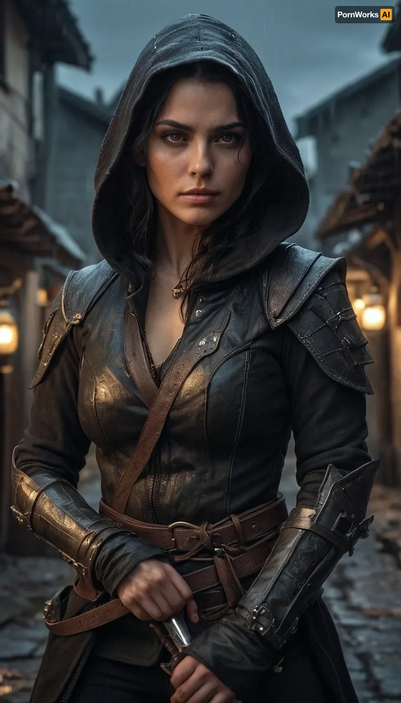Female elf rogue, lean and dangerous, olive-toned skin with faint scars, messy shoulder-length black hair tucked under a dark hood, sharp amber eyes glinting with mischief, wearing worn and patched dark leather armor with hidden dagger sheaths, a short curved sword at her hip, crouched in a rain-slick alley lit by flickering lanterns, one hand resting on a coin purse she just cut free, background of crooked rooftops and shadowy figures, gritty and ultra-realistic fantasy art