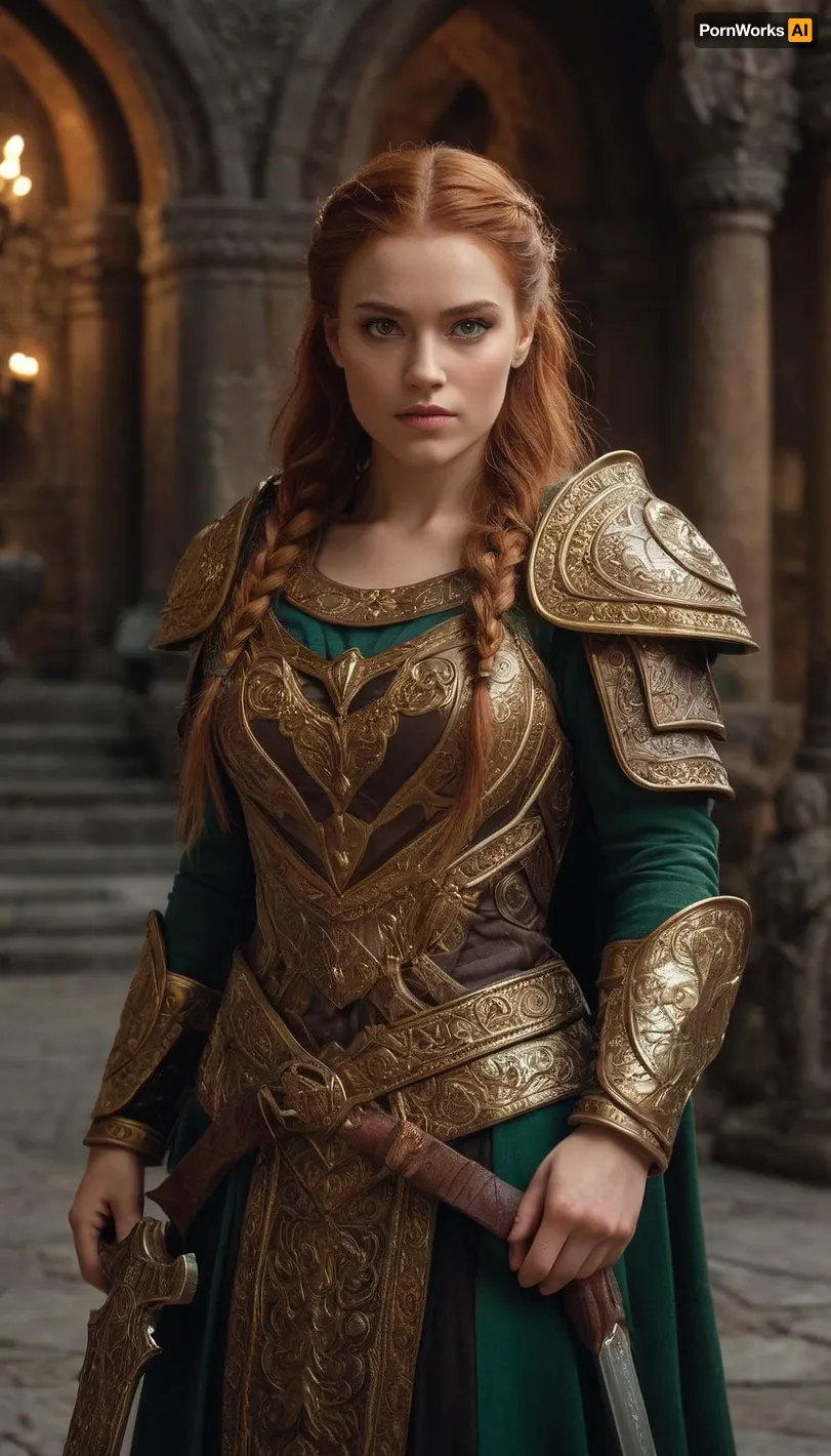 Beautiful dwarf princess warrior, strong and regal, braided auburn hair adorned with golden clasps and gemstones, bright emerald eyes, wearing ornate gold-inlaid plate armor with intricate dwarven runes, a royal crimson cloak flowing behind her, wielding a finely crafted double-headed war axe, standing in the grand stone hall of a mountain keep lit by glowing forges, surrounded by carved pillars and banners, cinematic lighting, ultra-realistic fantasy art