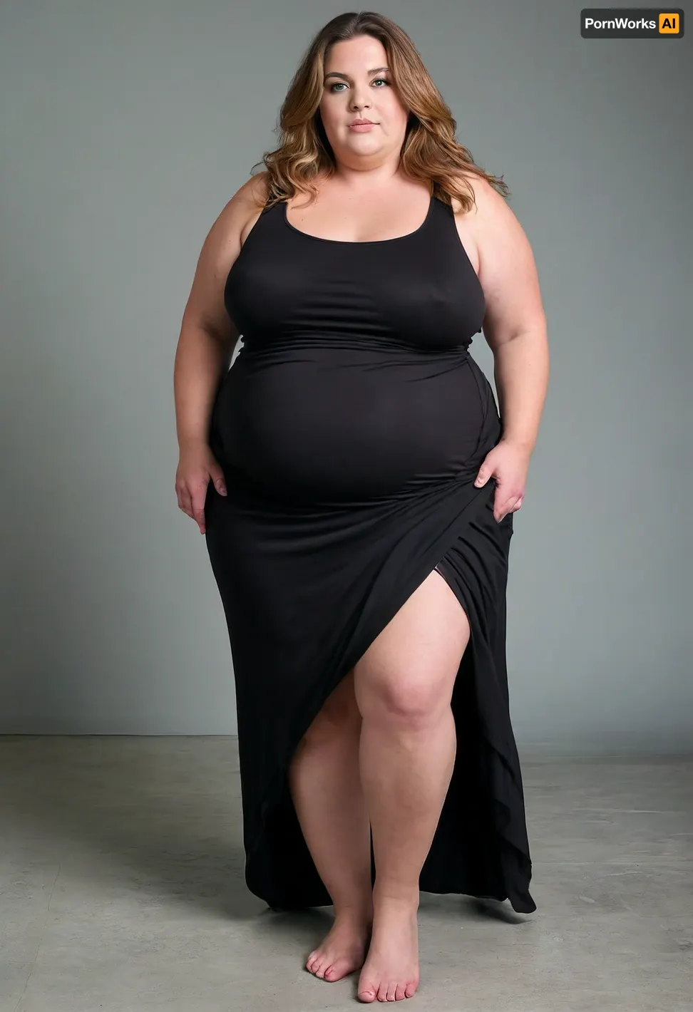 45° sideview, (obese:1.3), Full body shot, 50 year old woman, looking at viewer, eye contact, black thin maxidress, ssbbw, chubby, wide hips, curvy, large floppy breasts, sagging breasts, deflated breasts, tan lines, long hair, light brown hair with highlights, layered haircut, upturned nose, bottomheavy, big, ass, huge, gigantic, thick, thighs, massive, braless, Wearing, clothes, that, make, sense, with, Braless>, <lora:clothed_small:.2>, <lora:bottomheavy_v1_sdxl_tags:.8>, <lora:bralessSDXL_v1_00022:.5>