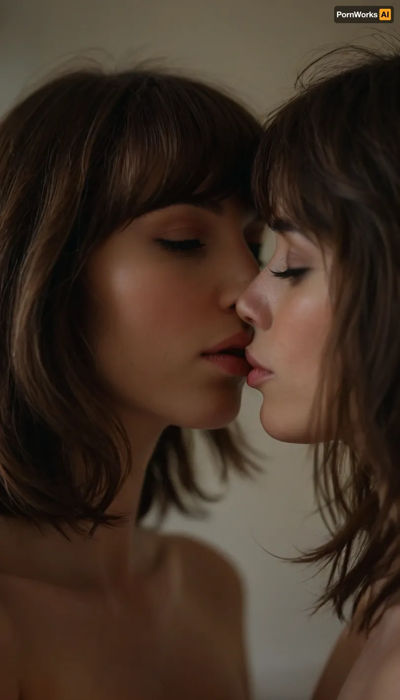 ziprealism, (erotic intimate esthetic, anticipation, longing:1.2), (sensual French lesbians, bashful pose, lips parted, faces close, moment before the kiss, intense passion, seductive foreplay, hot breath:1.4), (f/2.8, shallow depth of field, layered composition with subtle foreground:1.6), (tight face closeup, eyes closeup, shot in profile, eyes focus:1.2), (subtle bokeh:.4), (rich brunette hair with coppery undertones, thick voluminous hair, cute french bob-cut hair, wispy bangs with fringe, loose hair obscuring face:1.4), ((large expressive eyes), slightly downturned eyes), (soft facial features, full lips, soft pillowed lips, long delicate eyelashes, soft blush, flushed skin, subtle freckles, natural skin texture), (large teardrop breasts, soft breasts), (romantic bedroom:1.8), <lora:style_lora_realis:.8>