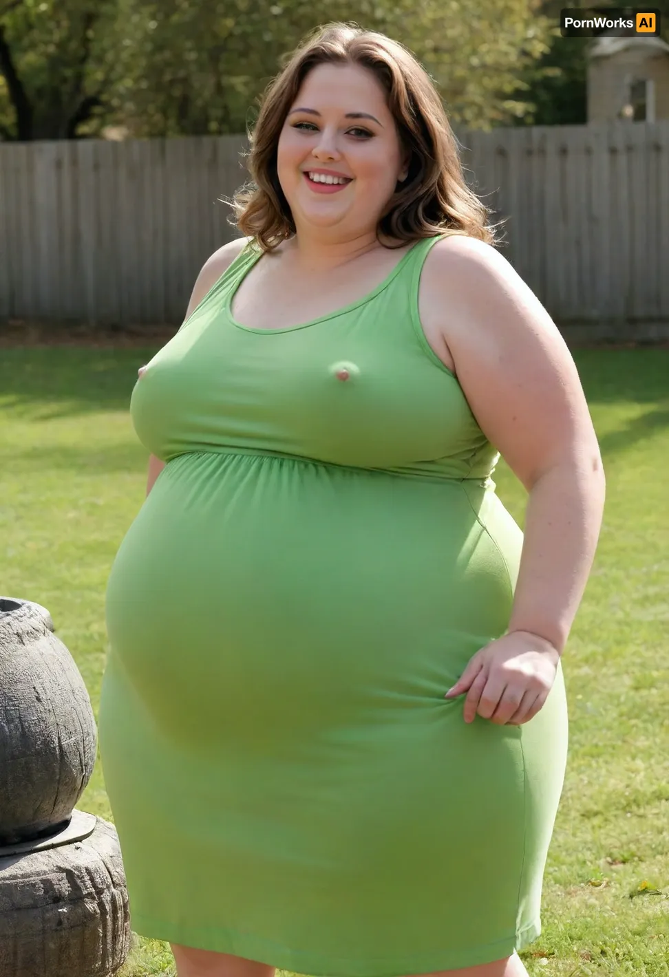 Lubica stepaunt, 45° sideview, Full body shot, Sunny summer day, bright sunny day, (obese:1.3), The fat ssbbw mature milf 60 is walking on the lawn, green eyes, stark naked body, chubby milf, braless, hard nipples, black tight transparent sleeveless black sundress, medium very saggy tits, plump waist, plump pubis, light brunette hair with highlights, bobcut hair, big eyes, happy smile, nip slip, (high quality:2), Wearing, clothes, that, make, sense, with, Braless>, <lora:bralessSDXL_v1_00022:.8>, bottomheavy, big, ass, huge, gigantic, thick, thighs, massive, <lora:bottomheavy_v1_sdxl_tags:.8>