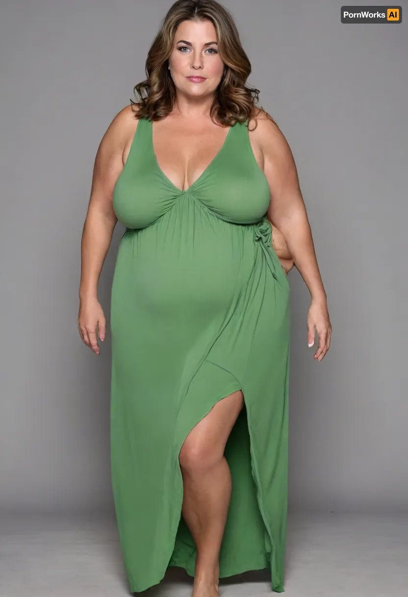 45° sideview, Full body shot, 50 year old woman, looking at viewer, eye contact, layered haircut, green eyes, green thin maxidress, obese, chubby, wide hips, curvy, small floppy breasts, sagging breasts, deflated breasts, tan lines, long hair, light brown hair with highlights, upturned nose, SaggySlimXL, bottomheavy, big, ass, huge, gigantic, thick, thighs, massive, <lora:updated_saggy_slim:1>, <lora:clothed_small:.5>, <lora:bottomheavy_v1_sdxl_tags:.8>