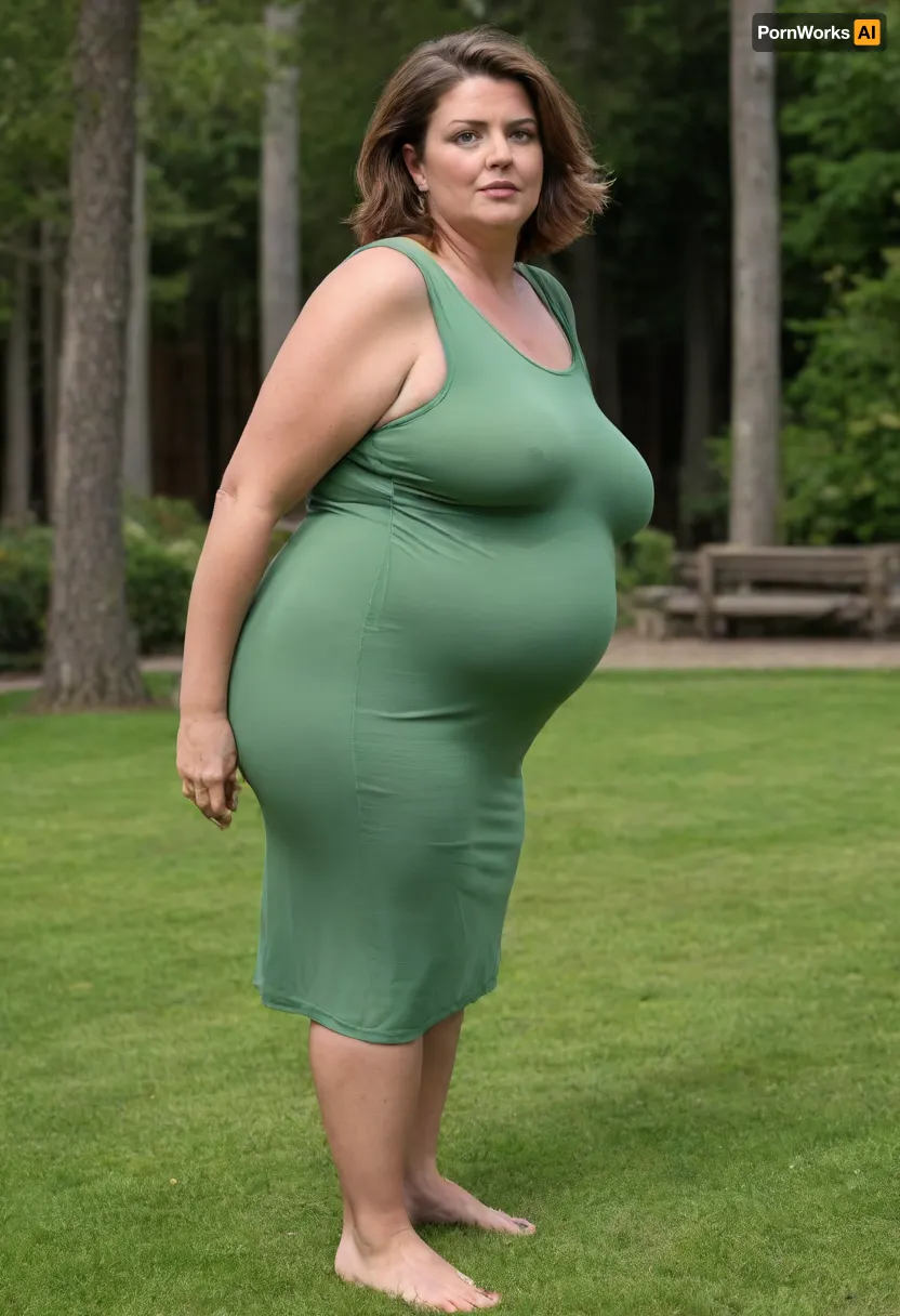 45° sideview, Full body shot, 50 year old woman, looking at viewer, eye contact, layered haircut, green eyes, green thin maxidress, obese, chubby, wide hips, curvy, small floppy breasts, sagging breasts, deflated breasts, tan lines, brown hair, upturned nose, SaggySlimXL, bottomheavy, big, ass, huge, gigantic, thick, thighs, massive, <lora:updated_saggy_slim:1>, <lora:clothed_small:.5>, <lora:bottomheavy_v1_sdxl_tags:.8>
