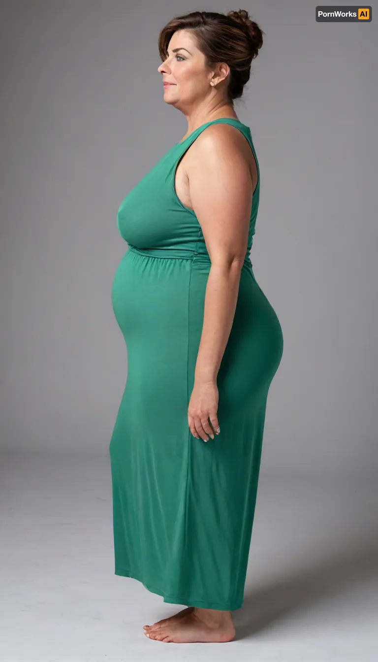 45° sideview, Full body shot, 50 year old woman, layered haircut, green eyes, green thin maxidress, obese, chubby, wide hips, curvy, small floppy breasts, sagging breasts, deflated breasts, tan lines, brown hair, upturned nose, SaggySlimXL, bottomheavy, big, ass, huge, gigantic, thick, thighs, massive, <lora:updated_saggy_slim:1>, <lora:clothed_small:.5>, <lora:bottomheavy_v1_sdxl_tags:.8>