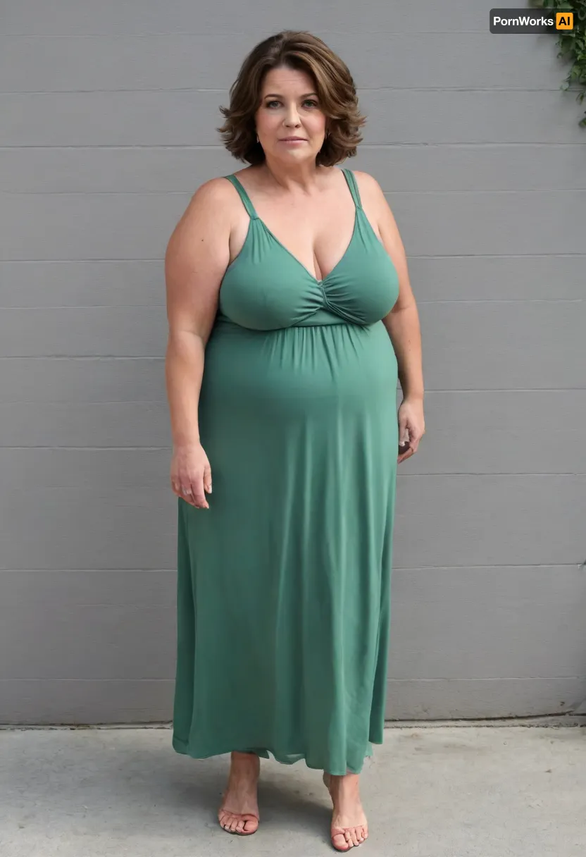 45° sideview, Full body shot, 50 year old woman, layered haircut, green eyes, green thin maxidress, obese, chubby, wide hips, curvy, small floppy breasts, sagging breasts, deflated breasts, tan lines, brown hair, upturned nose, SaggySlimXL, bottomheavy, big, ass, huge, gigantic, thick, thighs, massive, <lora:updated_saggy_slim:1>, <lora:clothed_small:.5>, <lora:bottomheavy_v1_sdxl_tags:.8>