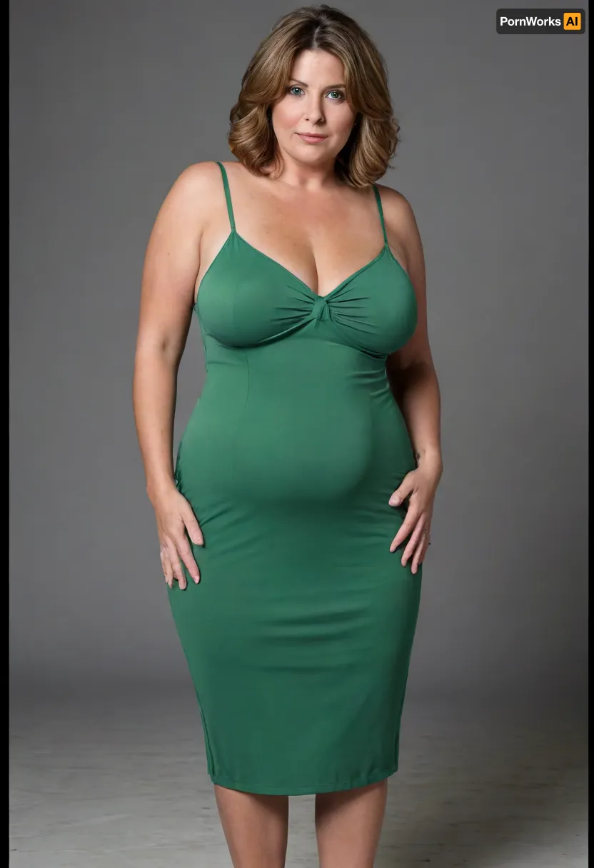 Full body shot, 50 year old woman, layered haircut, green eyes, tight thin v-neck spaghetti strap green dress, fupa, cameltoe, obese, chubby, big hips, wide hips, curvy, small floppy breasts, sagging breasts, deflated breasts, tan lines, light brown hair with highlights, upturned nose, SaggySlimXL, bottomheavy, big, ass, huge, gigantic, thick, thighs, massive, <lora:updated_saggy_slim:1>, <lora:clothed_small:.5>, <lora:bottomheavy_v1_sdxl_tags:.8>