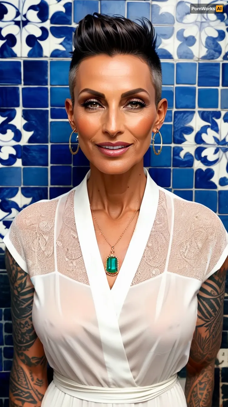 woman 48 years old, full frontal view, in front of blue and white azulejos tiles, face like brigitte hielsen, small retrousse tits, wide angle picture, cinematic, best quality, 8k, ashblonde hair, hair grease, greased back hair, wild pixie mohawk cut hair, warm smile, dark tanned skin, vamp, very fit body, very skinny, puristic sheer white linen summer kurta, short-cut hair, pixie-cut, buzz-cut, <lora:microwaistV05:.7>, <lora:age_slider_v20:1.9>, (ornamentalika tatoos, very broad and big expansive, jet-black tattoos in the blackwork-style of artist Mihail Boykov), DarTataBodG, <lora:DarTataBodG-XL_V2:1.7>, <lora:hair_length_slider_v1:.8>
