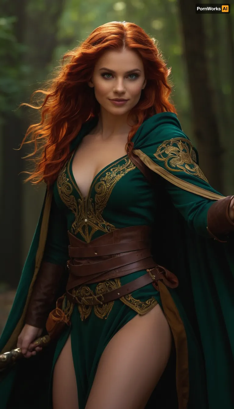 Full-body portrait of a graceful and charming half-elf bard, mid-30s, from Dungeons & Dragons, with flowing wavy crimson-red hair, vivid emerald-green eyes, and a confident, playful smile. She wears a fitted, flamboyant adventurer’s outfit with intricate embroidery, leather accents, and a swirling cloak that catches the wind. Two beautifully curved scimitars hang at her hips, their polished blades gleaming in warm golden light. Her stance is poised, blending the elegance of a dancer with the precision of a duelist. Fantasy setting, dramatic cinematic lighting, rich colors, ultra-detailed, high fantasy art style, by Magali Villeneuve and Dan Dos Santos, 8k resolution, hyper-realistic, masterpiece.