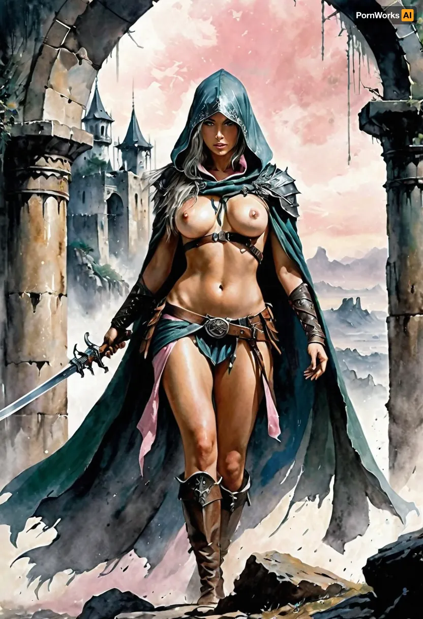 Dungeons&Dragons style, full body, a female draw assassin. bare chested, cloak and hood, silver long hair, blunt bangs, small chest, nude, large hips, smooth pussy, Yoji Shinkawa, Luis Royo, fog ruins background, dark green and blue and light pink palette, <lora:SDXLInkStainsFinal:.8>