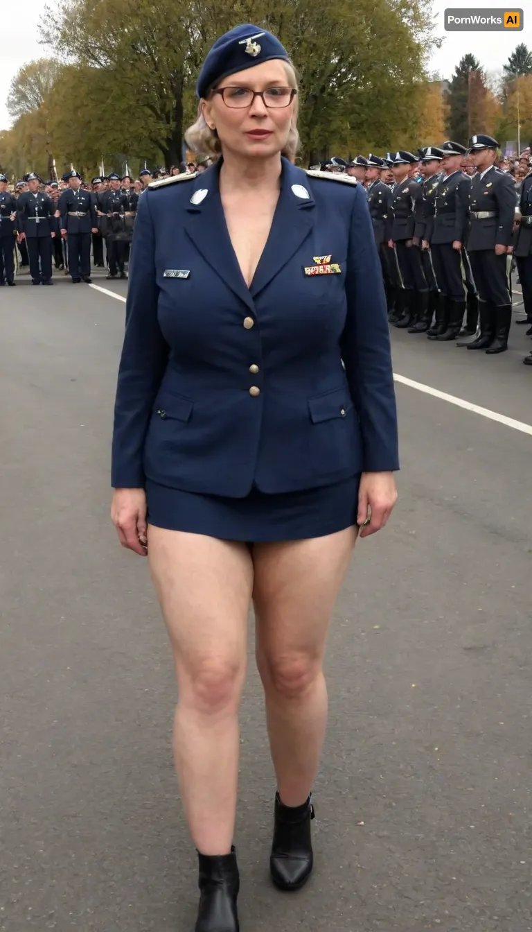 no skirt, no panties on a CURVY 51-year-old European woman, grandma with hidden shaggy tits and shaggy belly under buttoned DARK BLUE Military parade suit. Shaved pussy is visible. Light grey blond hair, ((wrinkles:1.5)), . Dark lipstick on thin lips, BLACK makeup, glasses. Slut face. She is dressed only with, ((buttoned DARK BLUE Military parade suit:1.5)), buttoned up on the tits, officer's peaked cap., ((NO skirt:1.5)), NO PANTIES. long boots, belt, ((shaved pussy visible:1.5)), full figure visible, outdoor, prisoners of war, realistic image, ultra HD, 8k, ((daylight)), HD, true colors, detailed portrait. No blur, ultra HD photorealistic full height 8k, megachubsdxl, morbidly, obese, <lora:megachubsdxl_13:.8>, sagging, breasts, <lora:sagging-000015:.8>, <lora:milkers_v2:.8>, <lora:uniform:.8>