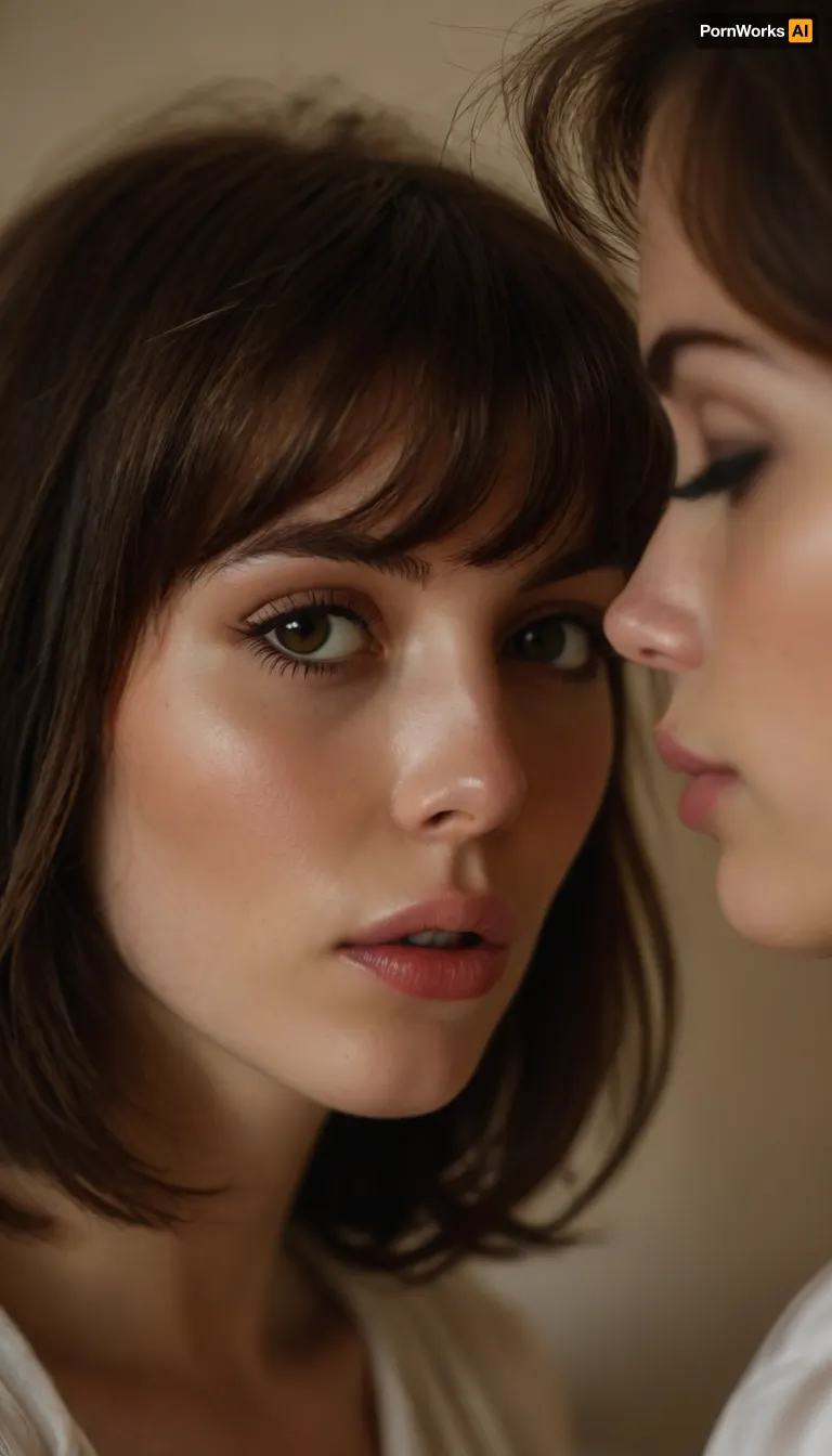 ziprealism, (erotic intimate esthetic:1.2), (enchanting French lesbians, bashful eye contact, bashful pose, lips parted, faces close), (f/2.8, shallow depth of field, layered composition with subtle foreground:1.6), (tight face closeup, eyes closeup, shot in profile, eyes focus:1.2), (subtle bokeh:.4), (rich brunette hair with coppery undertones, thick voluminous hair, cute french bob-cut hair, wispy bangs with fringe, loose hair obscuring face:1.4), ((large expressive eyes), slightly downturned eyes), (soft facial features, full lips, soft pillowy lips, long delicate eyelashes, soft blush, subtle freckles, natural skin texture), (large teardrop breasts, soft breasts), (romantic bedroom:1.8), <lora:style_lora_realis:1.6>
