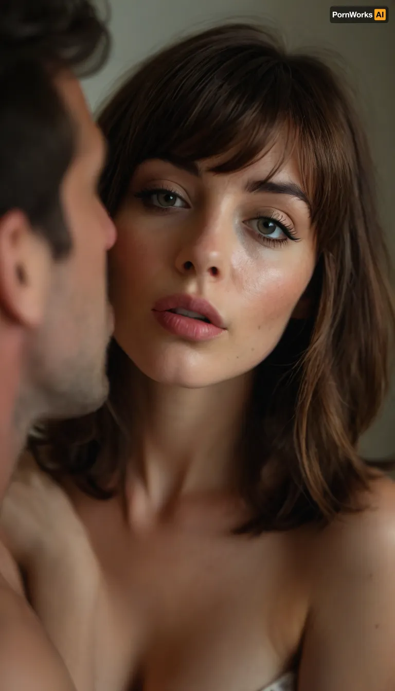 ziprealism, (erotic intimate esthetic, anticipation, longing:1.2), (sensual French woman, bliss, lips parted, moment before the kiss, intense passion, seductive foreplay, hot breath:1.4), (f/2.8, shallow depth of field, layered composition with subtle foreground, o, (ver the shoulder shot), , :1.6), (tight face closeup, eyes closeup, shot in profile, eyes focus:1.2), (subtle bokeh:.4), (rich brunette hair with coppery undertones, thick voluminous hair, cute french bob-cut hair, wispy bangs with fringe, loose hair obscuring face:1.4), ((large expressive eyes), slightly downturned eyes), (soft facial features, full lips, soft pillowed lips, long delicate eyelashes, soft blush, flushed skin, subtle freckles, natural skin texture), (large teardrop breasts, soft breasts), (romantic bedroom:1.8), <lora:style_lora_realis:1.6>