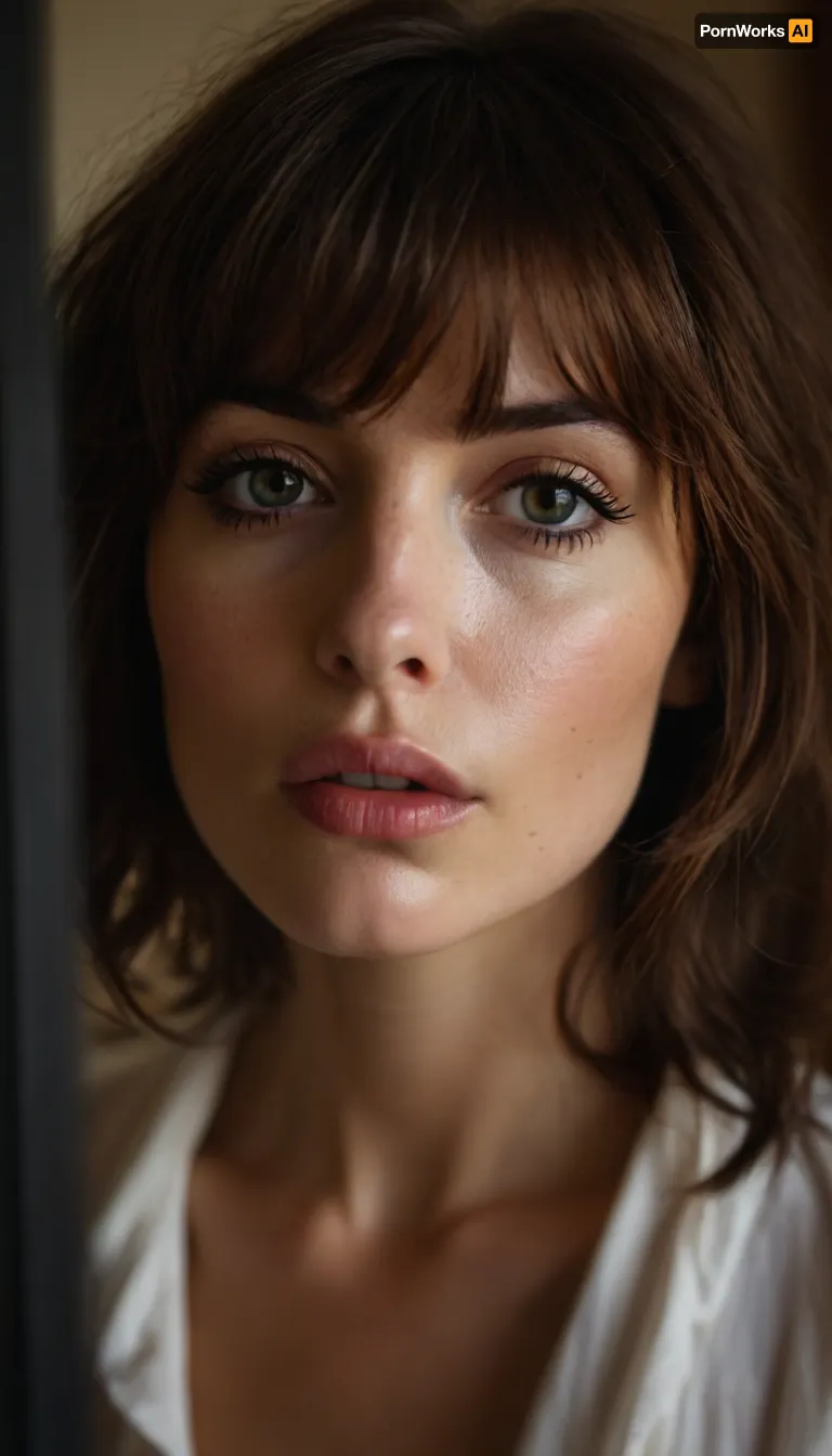 ziprealism, (erotic intimate esthetic, anticipation, longing:1.2), (sensual French woman, bliss, lips parted, intense passion, seductive foreplay, hot breath:1.4), (f/2.8, shallow depth of field, layered composition with subtle foreground, doorway in foreground:1.6), (tight face closeup, eyes closeup, shot in profile, eyes focus:1.2), (subtle bokeh:.4), (rich brunette hair with coppery undertones, thick voluminous hair, cute french bob-cut hair, wispy bangs with fringe, loose hair obscuring face:1.4), ((large expressive eyes), slightly downturned eyes), (soft facial features, full lips, soft pillowed lips, long delicate eyelashes, soft blush, flushed skin, subtle freckles, natural skin texture), (large teardrop breasts, soft breasts), (romantic bedroom:1.8), <lora:style_lora_realis:1.6>