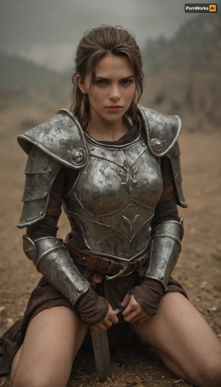 Female paladin, strong and determined, armor dented and scratched from battle yet still gleaming in places, short-cropped brown hair matted with sweat, a faint scar across her cheek, eyes burning with unshakable resolve, wearing a tattered tabard over heavy plate, gripping a longsword with dried blood along the blade, large shield marked with her deity’s symbol and battle damage, kneeling amidst a muddy battlefield lit by a dim golden light breaking through storm clouds, cinematic and ultra-realistic fantasy art