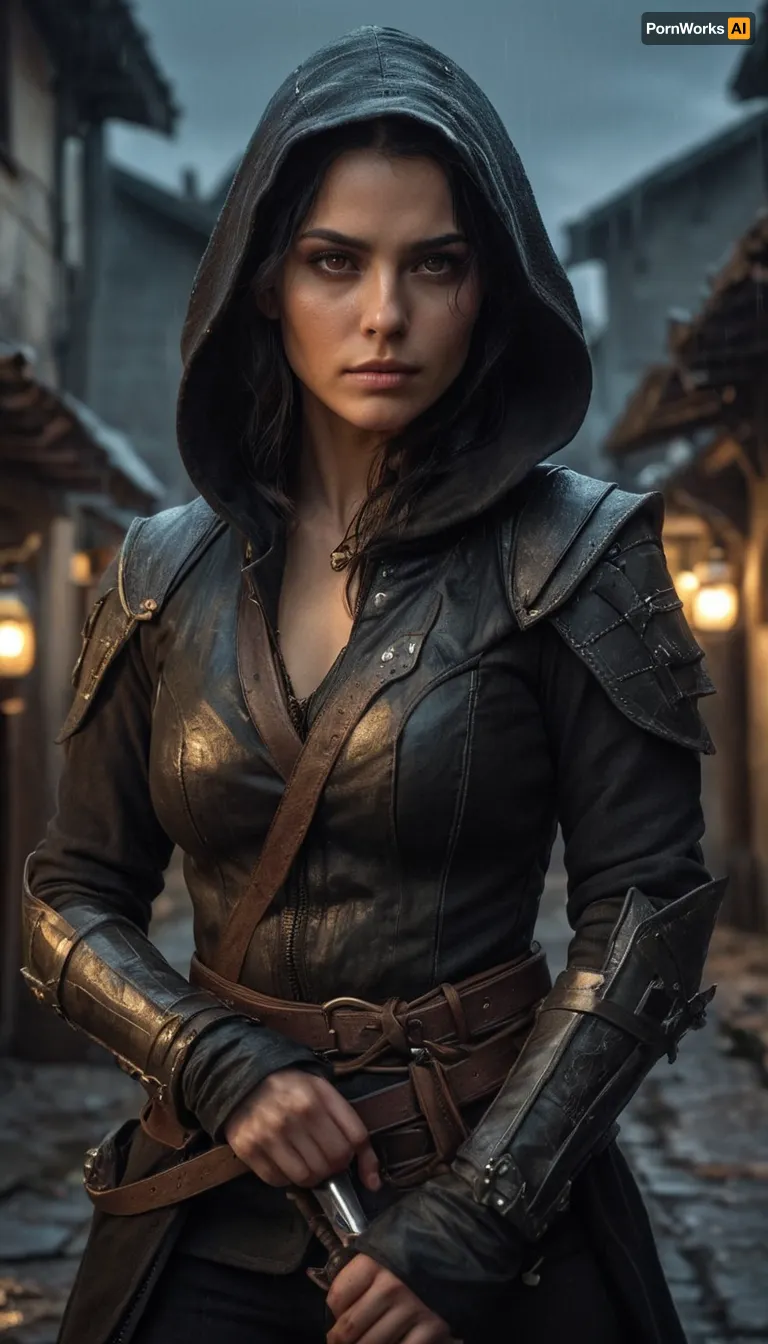 Female elf rogue, lean and dangerous, olive-toned skin with faint scars, messy shoulder-length black hair tucked under a dark hood, sharp amber eyes glinting with mischief, wearing worn and patched dark leather armor with hidden dagger sheaths, a short curved sword at her hip, crouched in a rain-slick alley lit by flickering lanterns, one hand resting on a coin purse she just cut free, background of crooked rooftops and shadowy figures, gritty and ultra-realistic fantasy art